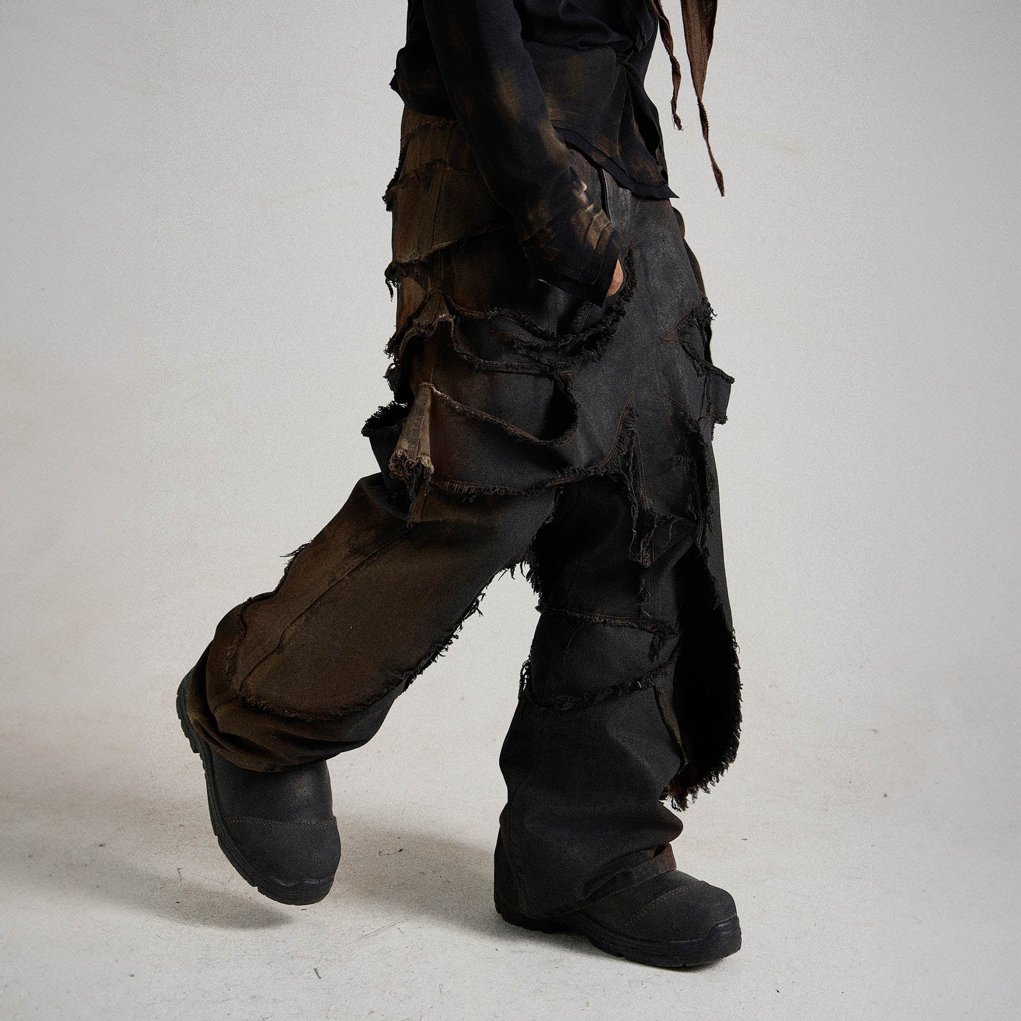FLYERRER Heavily Distressed Asymmetrical Double-Layer Ripped Jeans, premium urban and streetwear designers apparel on PROJECTISR.com, FLYERRER