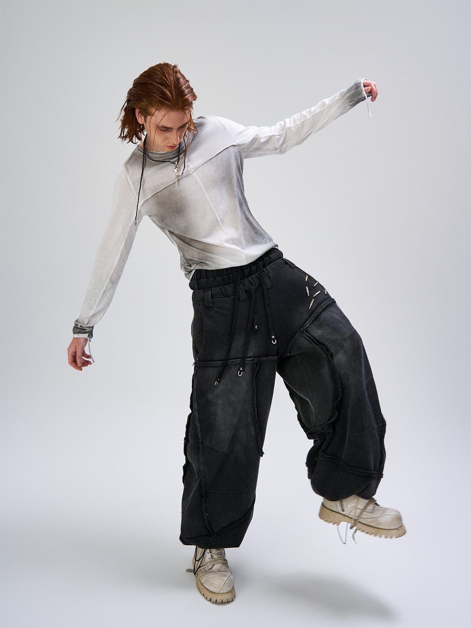 FLYERRER Washed Gradient Cross-Panel Raw-Edge Long-Sleeve Tee, premium urban and streetwear designers apparel on PROJECTISR.com, FLYERRER