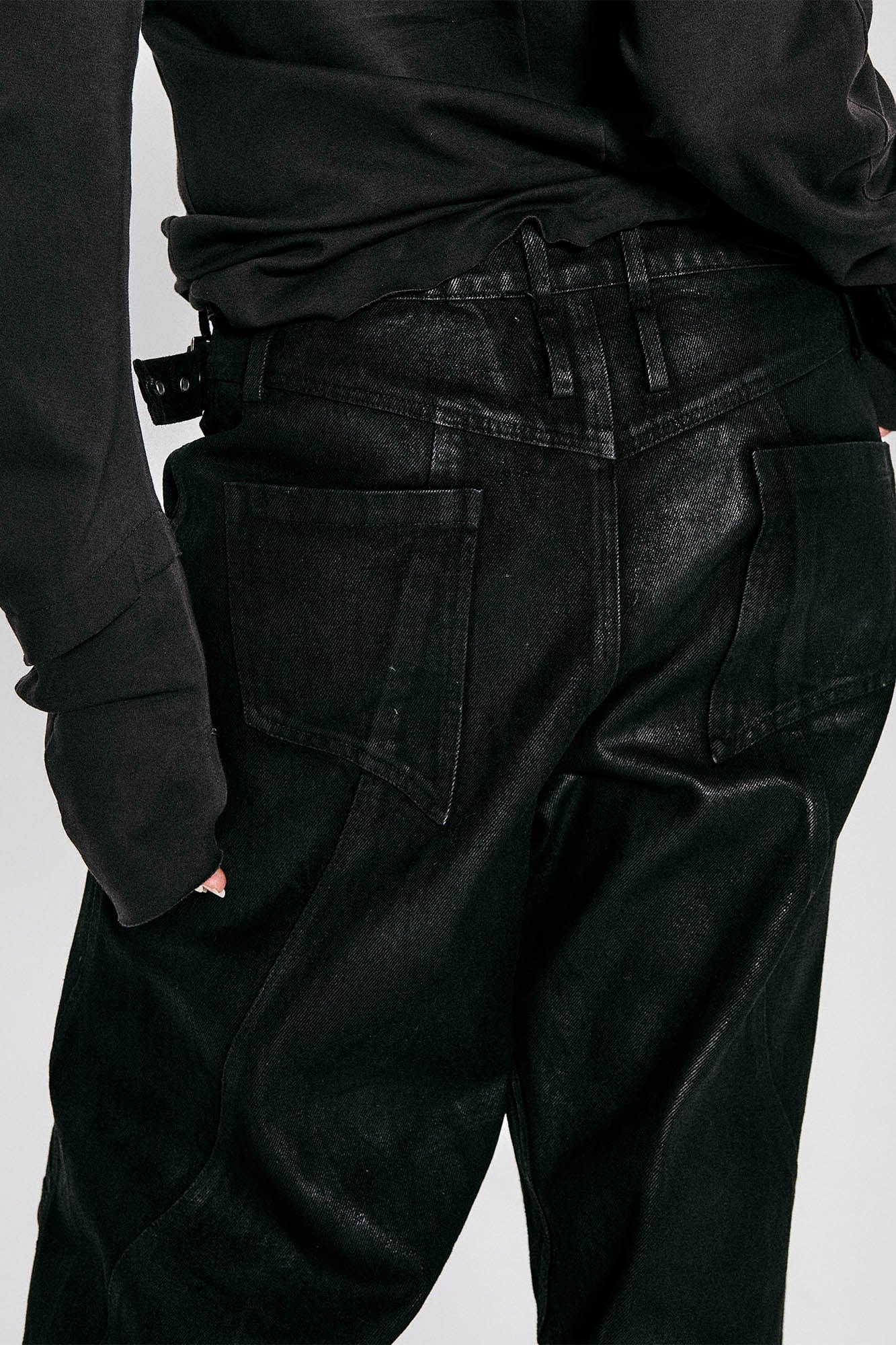 FLYERRER Waxed Deconstructed-Knee Zip-Hem Flared Pants, premium urban and streetwear designers apparel on PROJECTISR.com, FLYERRER