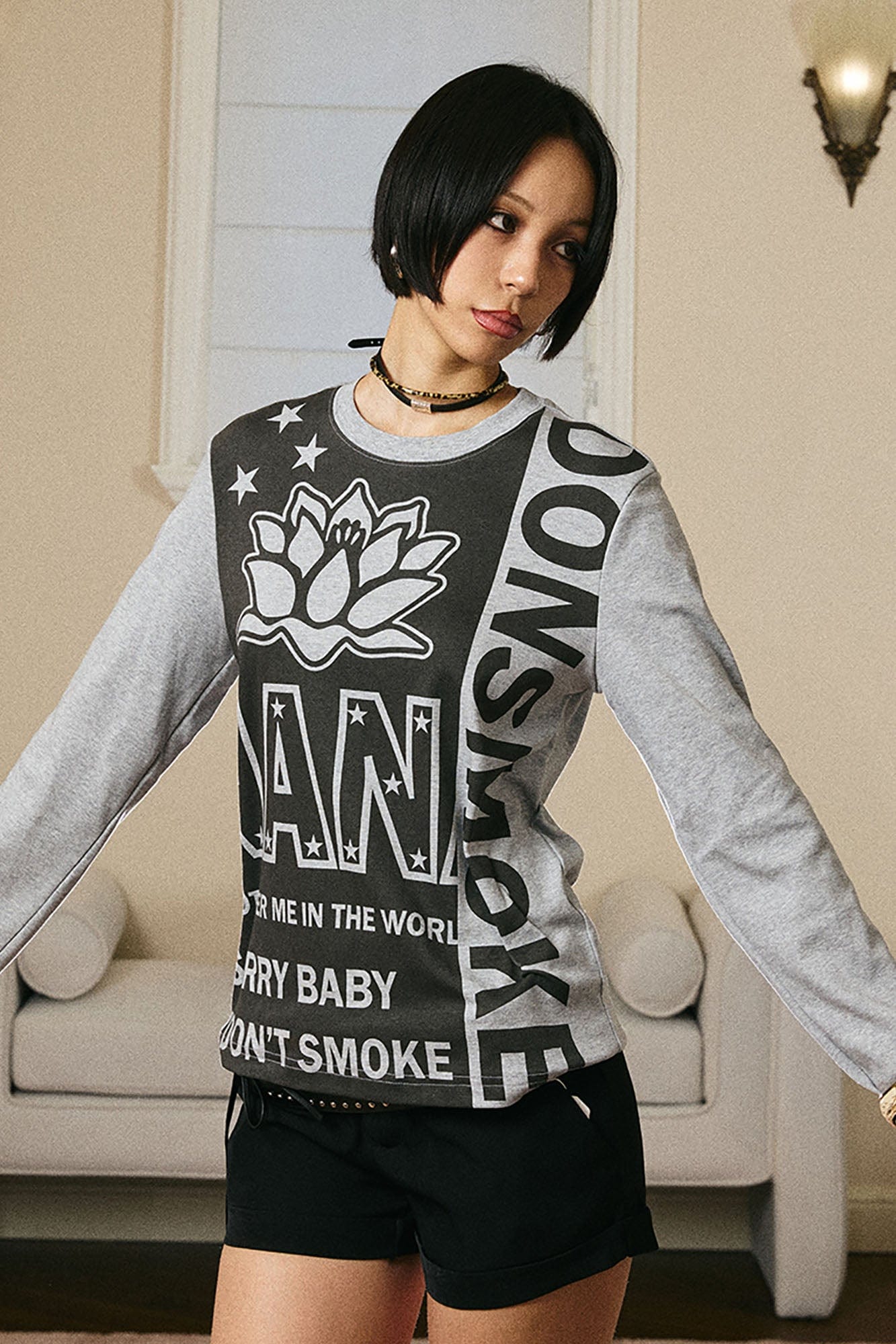 DONSMOKE × NANA Contrast Lotus Graphic Long-Sleeve Tee, premium urban and streetwear designers apparel on PROJECTISR.com, DONSMOKE