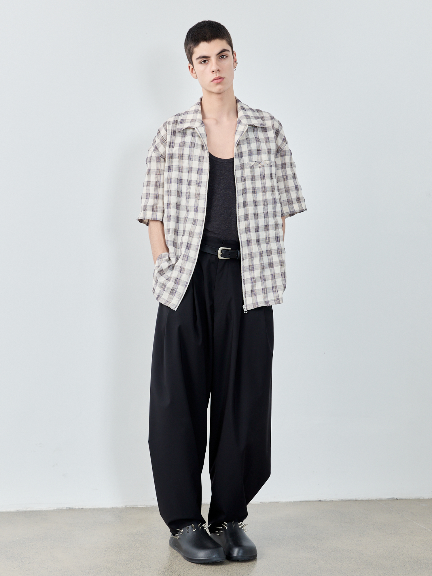 GRAINMUSTARD Retro Plaid Zip Half Shirt, premium urban and streetwear designers apparel on PROJECTISR.com, GRAINMUSTARD
