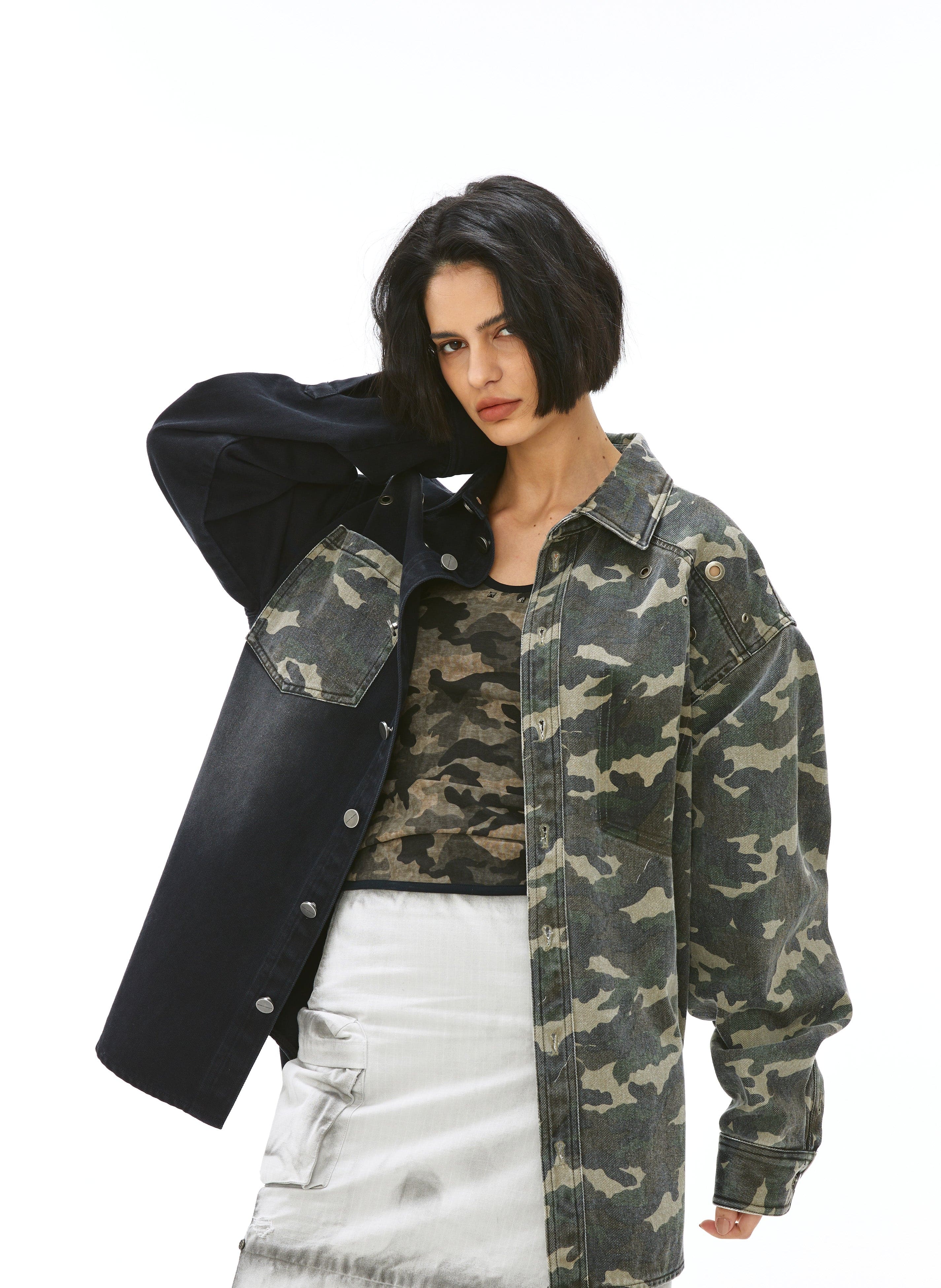 VANN VALRENCE Paneled Camo Denim Shirt
