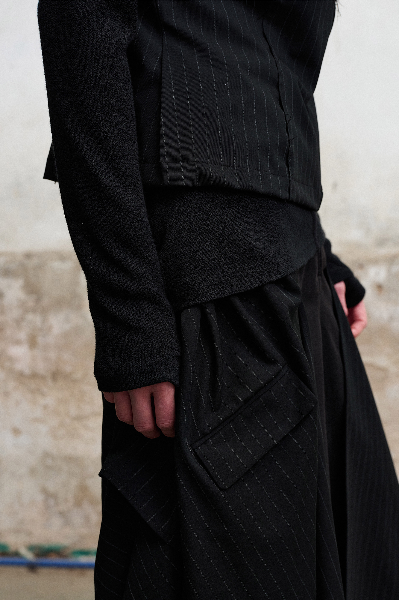ILNya Nieternite Nifutur Asymmetric Draped Panel Pinstripe Skort Shorts, premium urban and streetwear designers apparel on PROJECTISR.com, ILNya Nieternite Nifutur