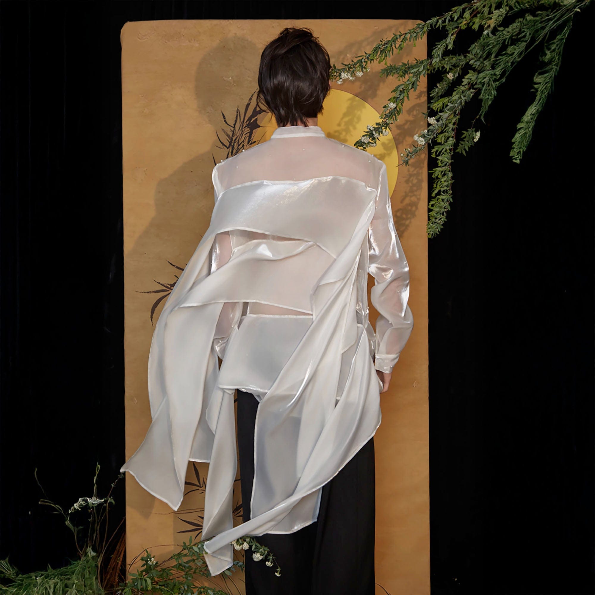 JIECHI Pearl Embroidered Layered Ribbon Organza Shirt, premium urban and streetwear designers apparel on PROJECTISR.com, JIECHI