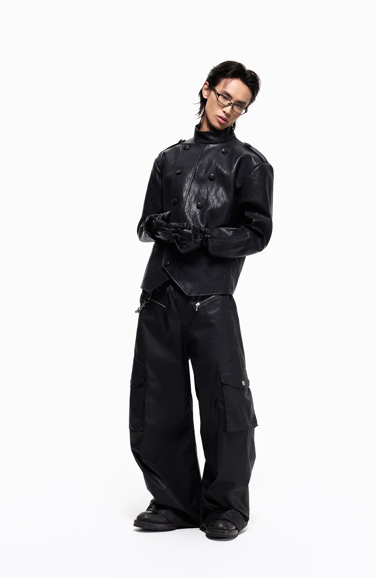 2000RSK Napoleon-Button Faux Leather Knight Jacket