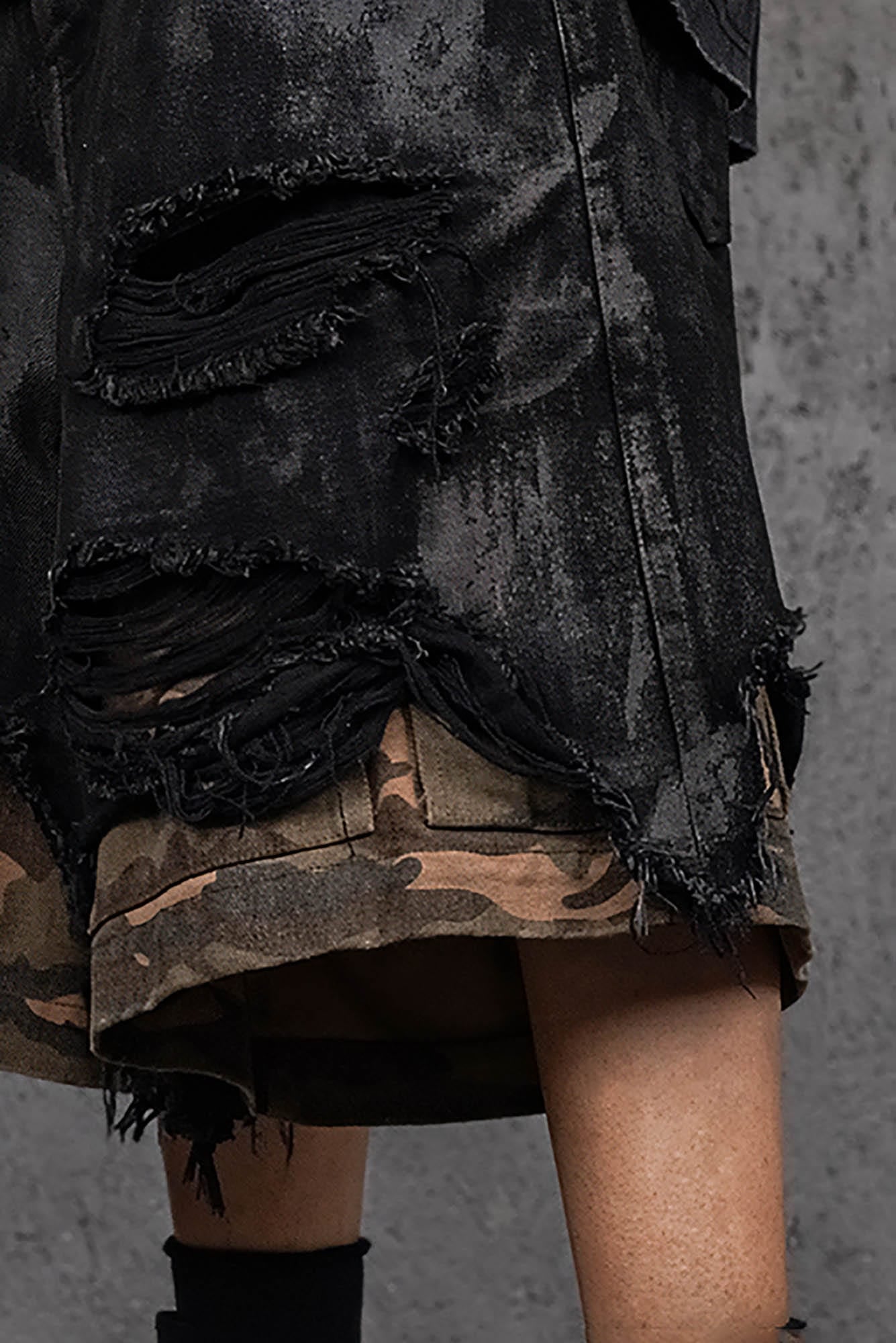 UNDERWATER Double-Layered Ripped Camo Shorts Black, premium urban and streetwear designers apparel on PROJECTISR.com, UNDERWATER