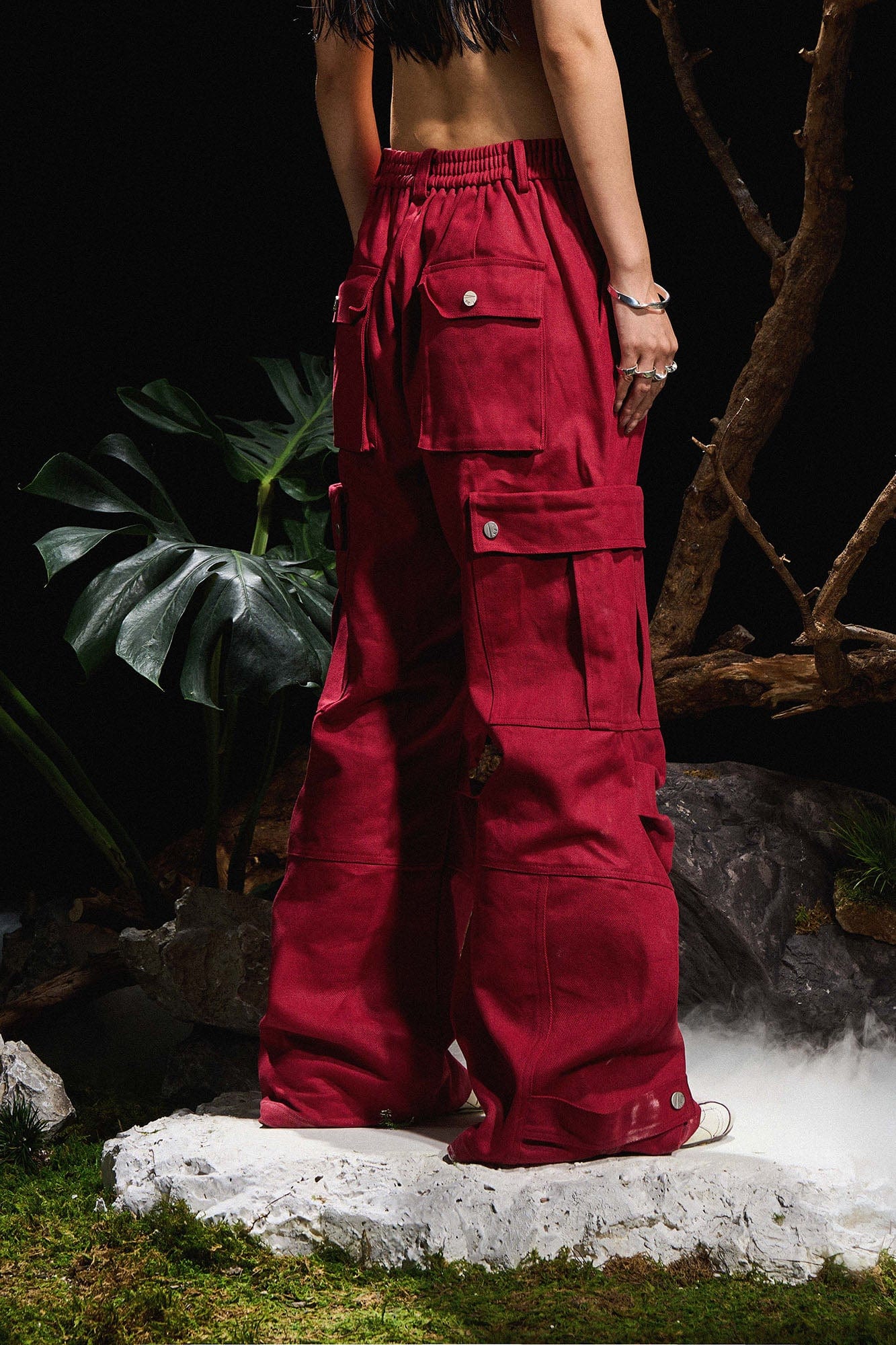 RELABEL Multi-Pocket Oversized Workwear Cargo Pants Red, premium urban and streetwear designers apparel on PROJECTISR.com, RELABEL