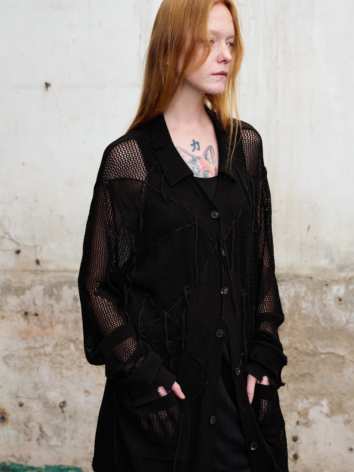 ILNya Nieternite Nifutur Distressed Diamond Mesh Spliced Cardigan, premium urban and streetwear designers apparel on PROJECTISR.com, ILNya Nieternite Nifutur