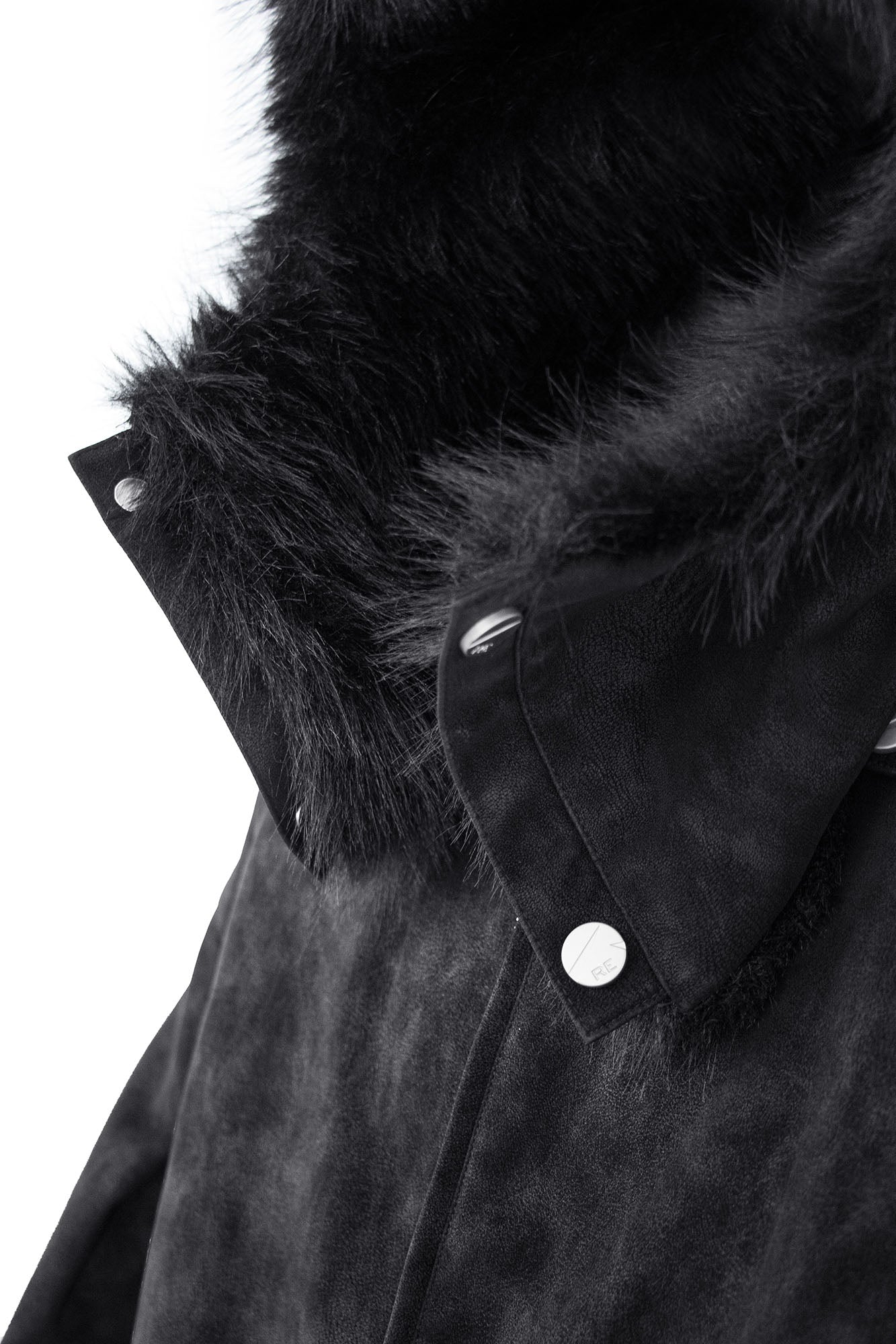 RELABEL Detachable Plush Scarf Hooded Suede Jacket Black, premium urban and streetwear designers apparel on PROJECTISR.com, RELABEL