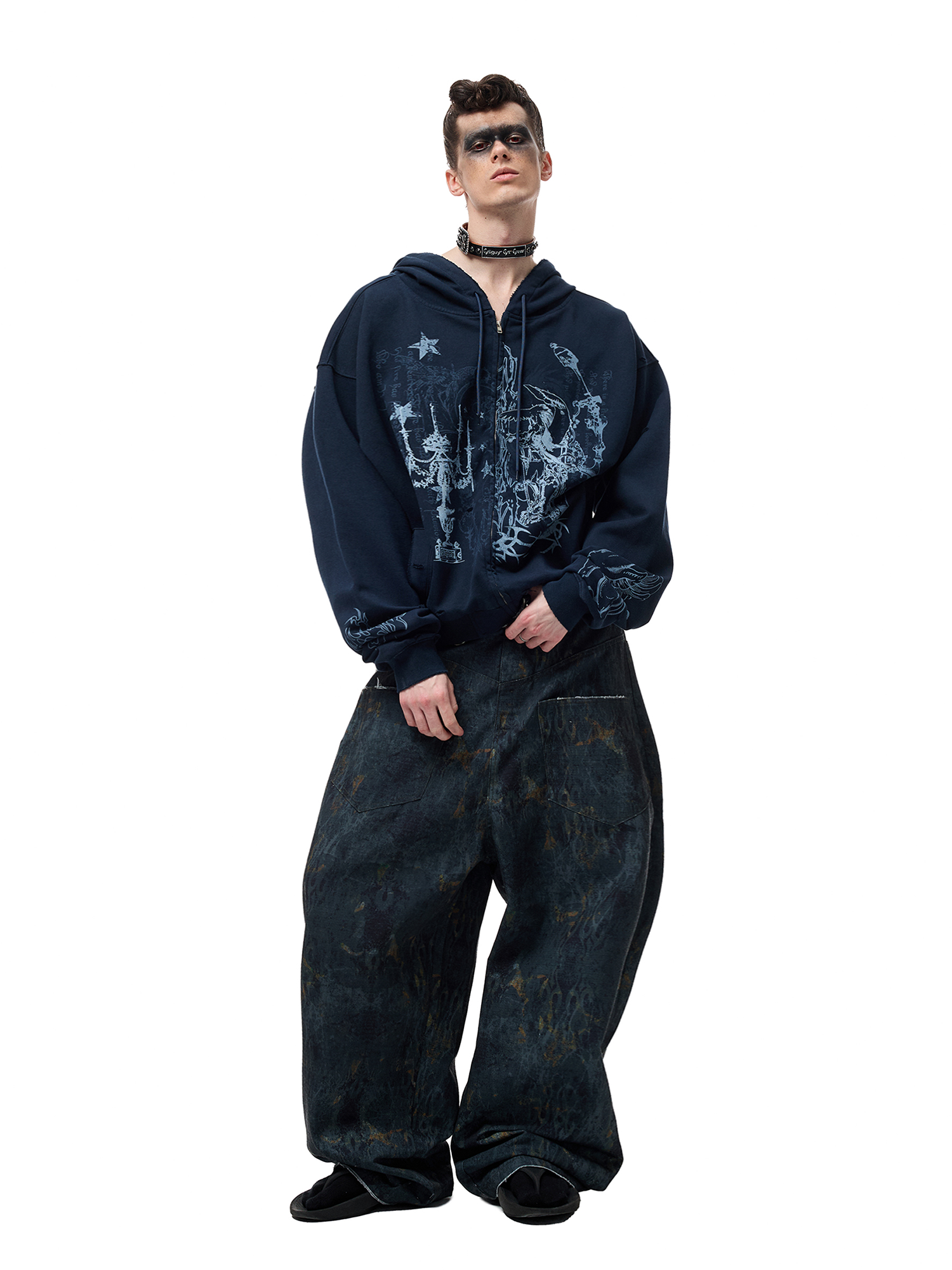 CYCYCY Washed Mottled Flame Graphic Denim Pants