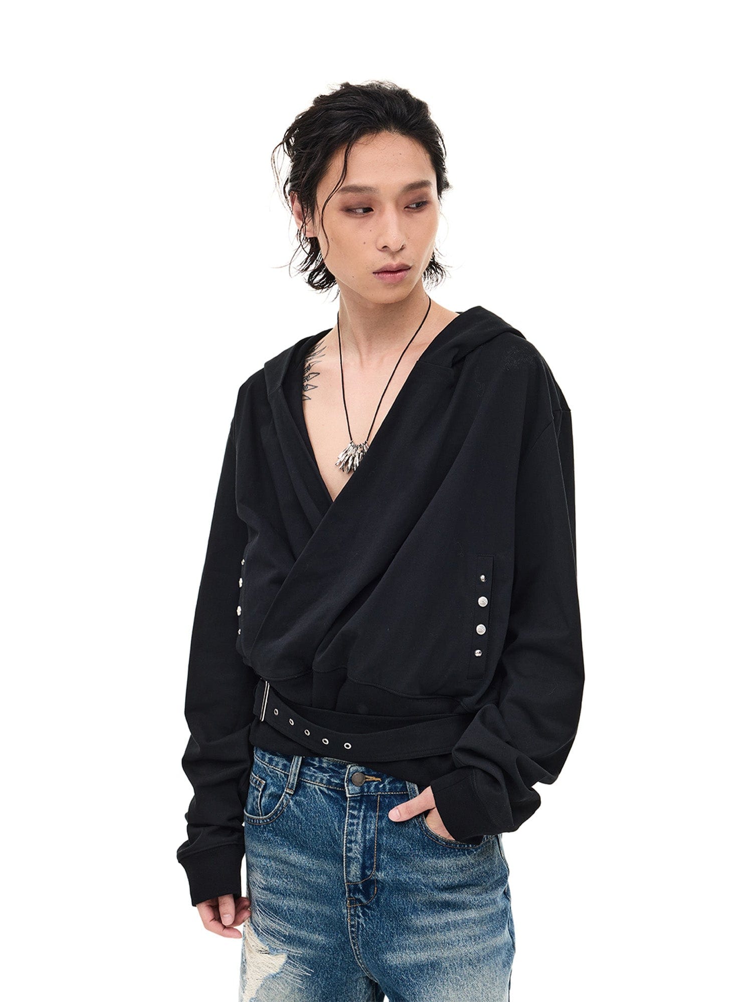 WHISTLEHUNTER Detachable-Belt Deep V-Cut Hardware Hoodie, premium urban and streetwear designers apparel on PROJECTISR.com, WHISTLEHUNTER