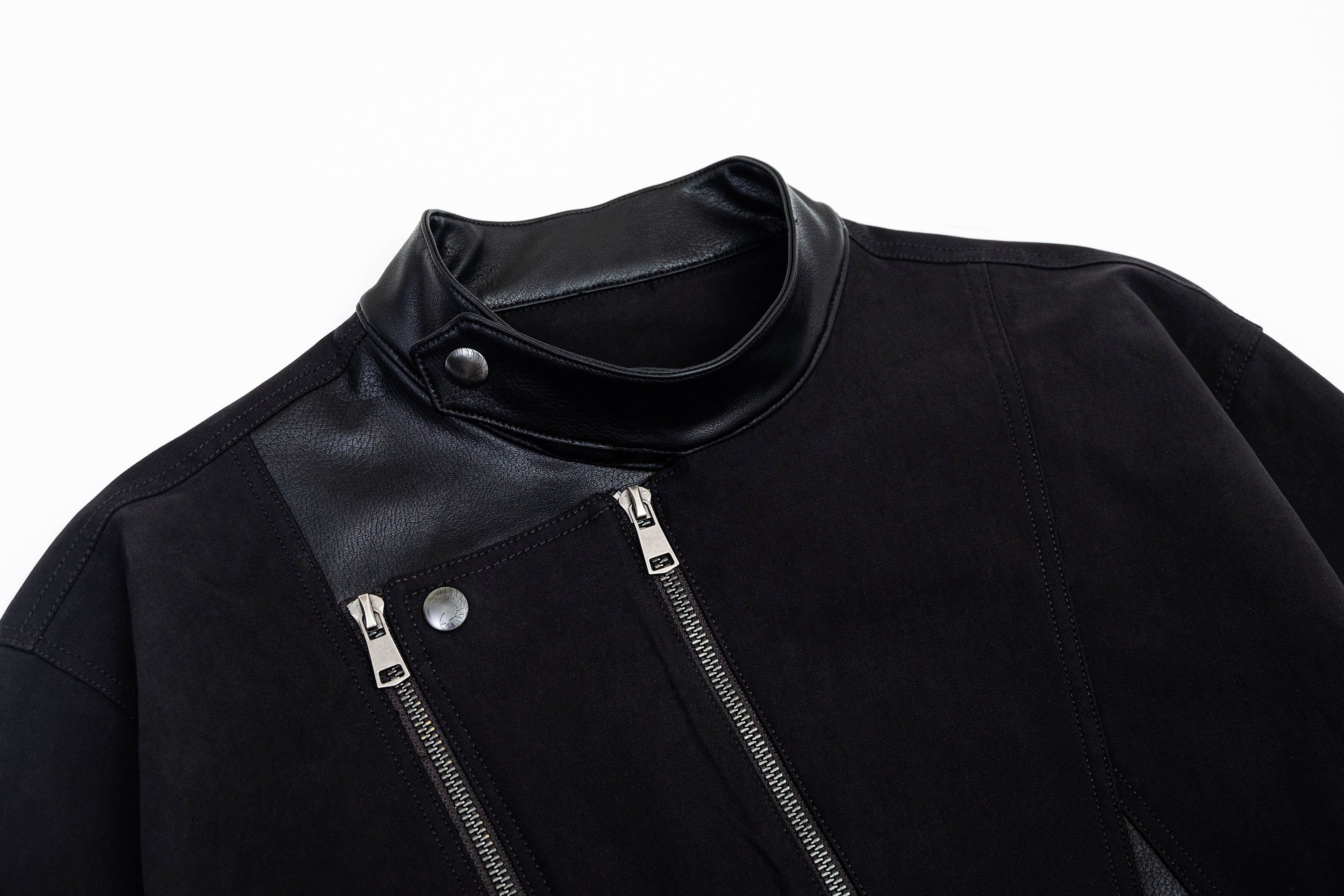 IN EXISTENCE Multi-Zip Asymmetrical Spliced Leather Biker Jacket, premium urban and streetwear designers apparel on PROJECTISR.com, IN EXISTENCE