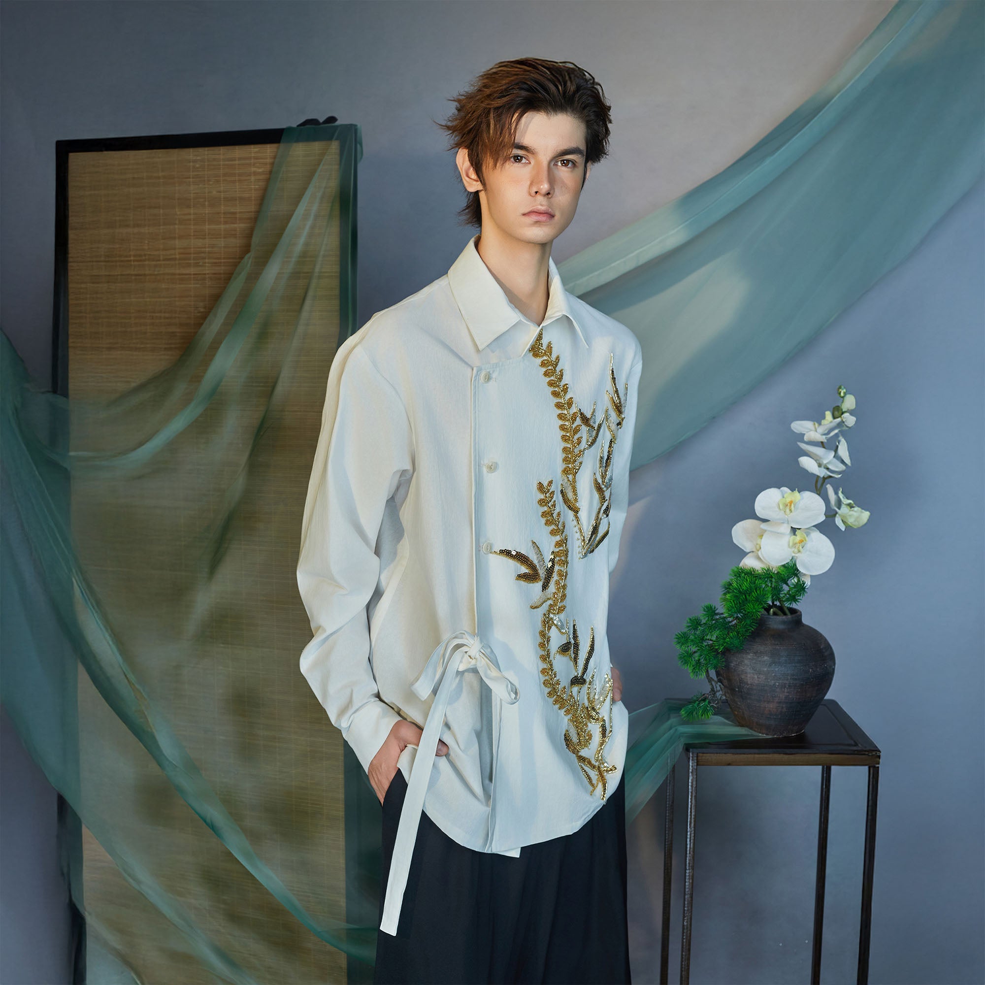 JIECHI Sequin Leaf Embroidered Asymmetrical Wrap Shirt, premium urban and streetwear designers apparel on PROJECTISR.com, JIECHI