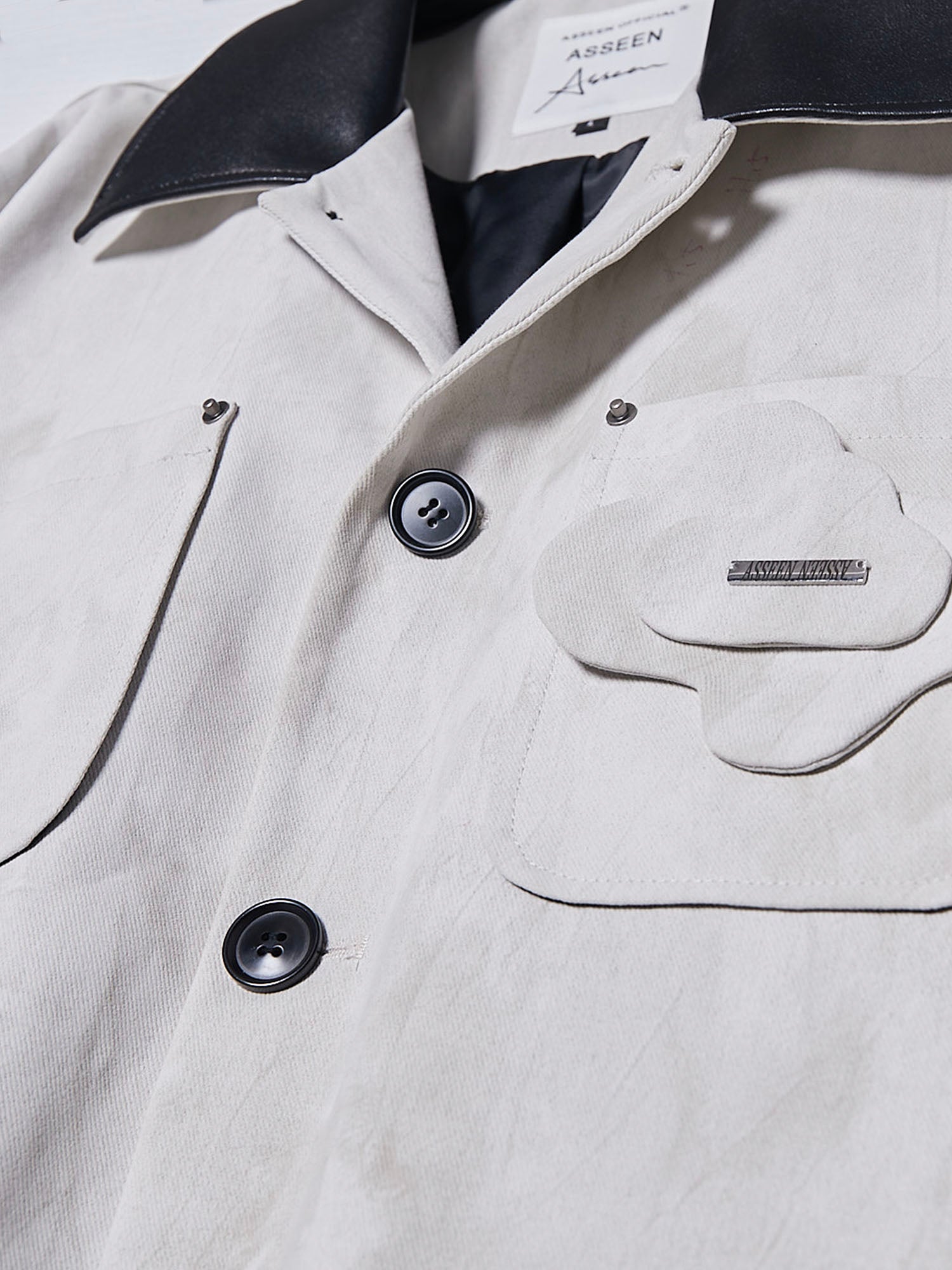 ASSEEN Distressed Panel Leather Collar Barn Jacket, premium urban and streetwear designers apparel on PROJECTISR.com, ASSEEN