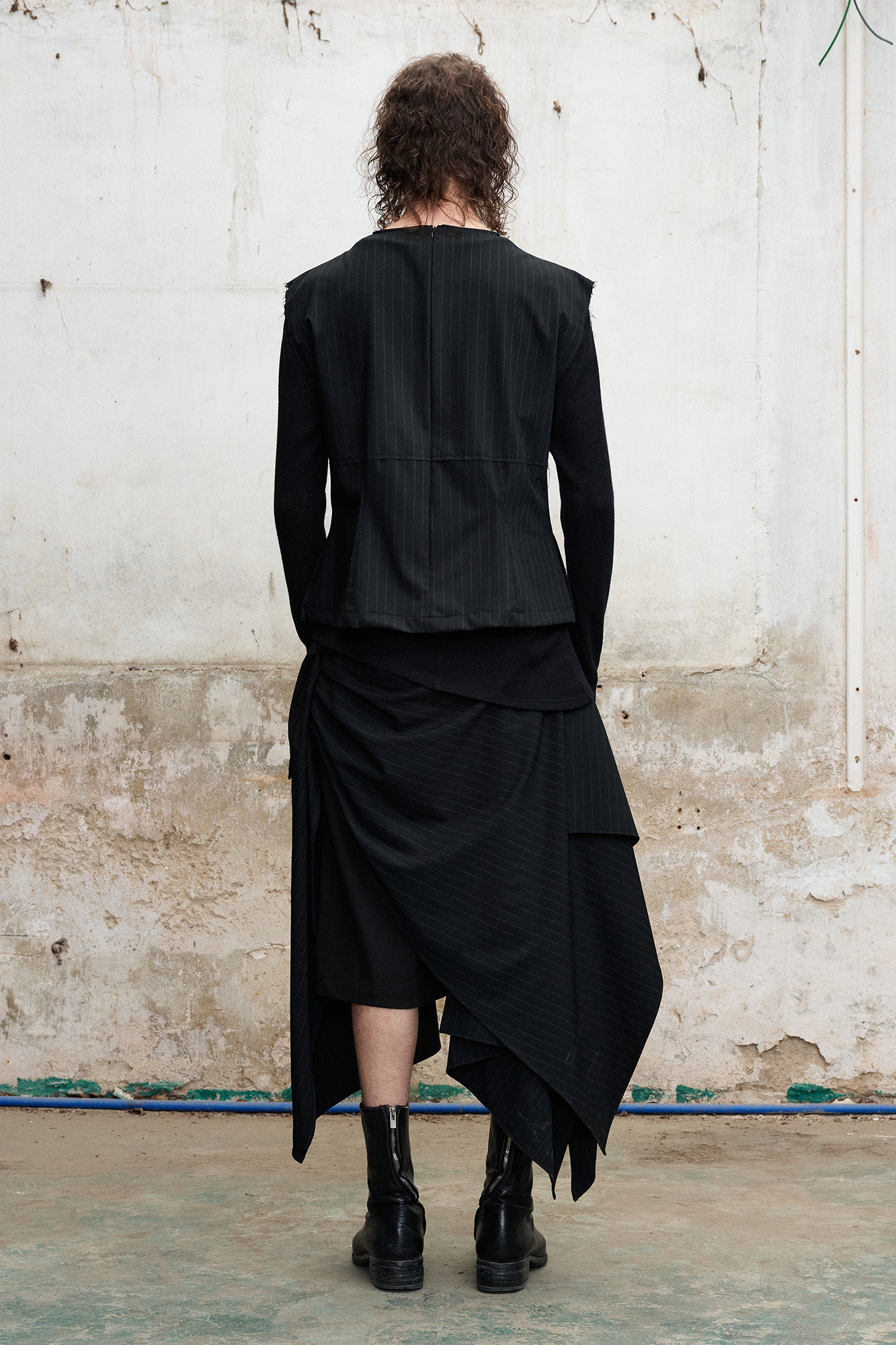 ILNya Nieternite Nifutur Asymmetric Draped Panel Pinstripe Skort Shorts, premium urban and streetwear designers apparel on PROJECTISR.com, ILNya Nieternite Nifutur