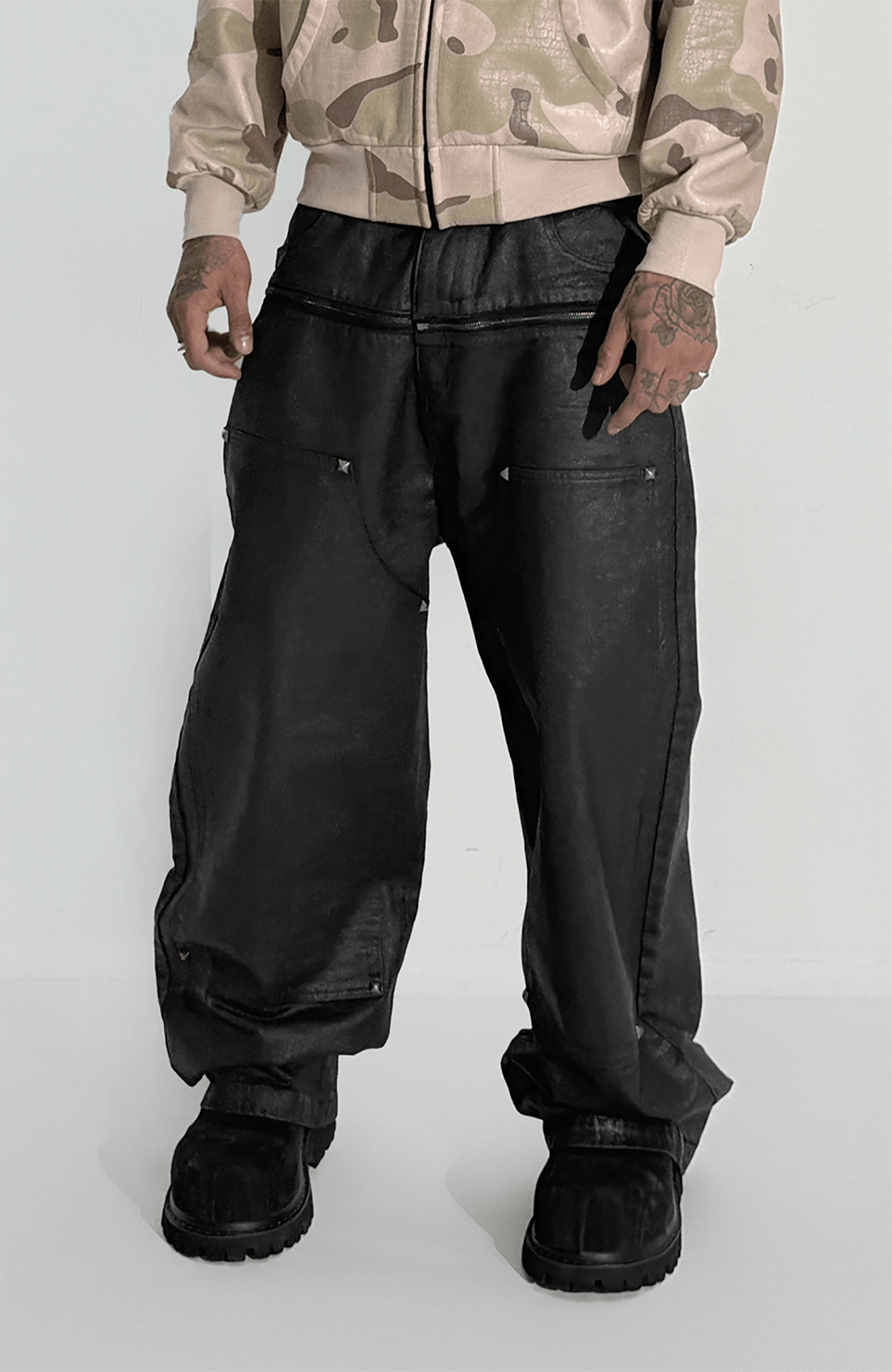 TECNINEGROUP Waxed Double-Knee Diamond Pockets Jeans