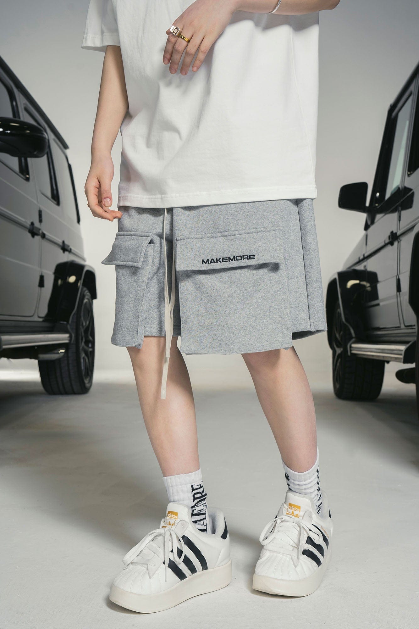 MAKEMORE Flap-Pocket Wide-Leg Drawstring Shorts, premium urban and streetwear designers apparel on PROJECTISR.com, MAKEMORE