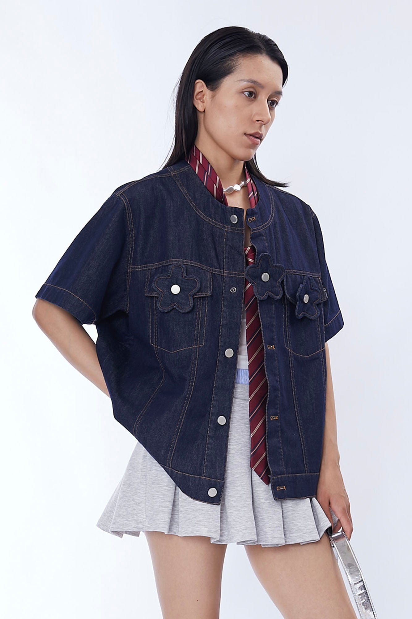 ASSEEN Flower Patchwork Stitched Raw Denim Half Shirt, premium urban and streetwear designers apparel on PROJECTISR.com, ASSEEN