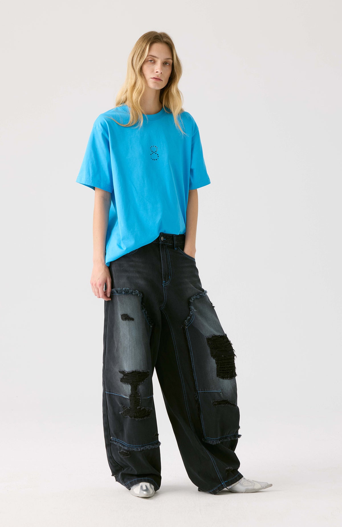 HAHAHA STUDIOS Distressed Washed Wide-Leg Jeans