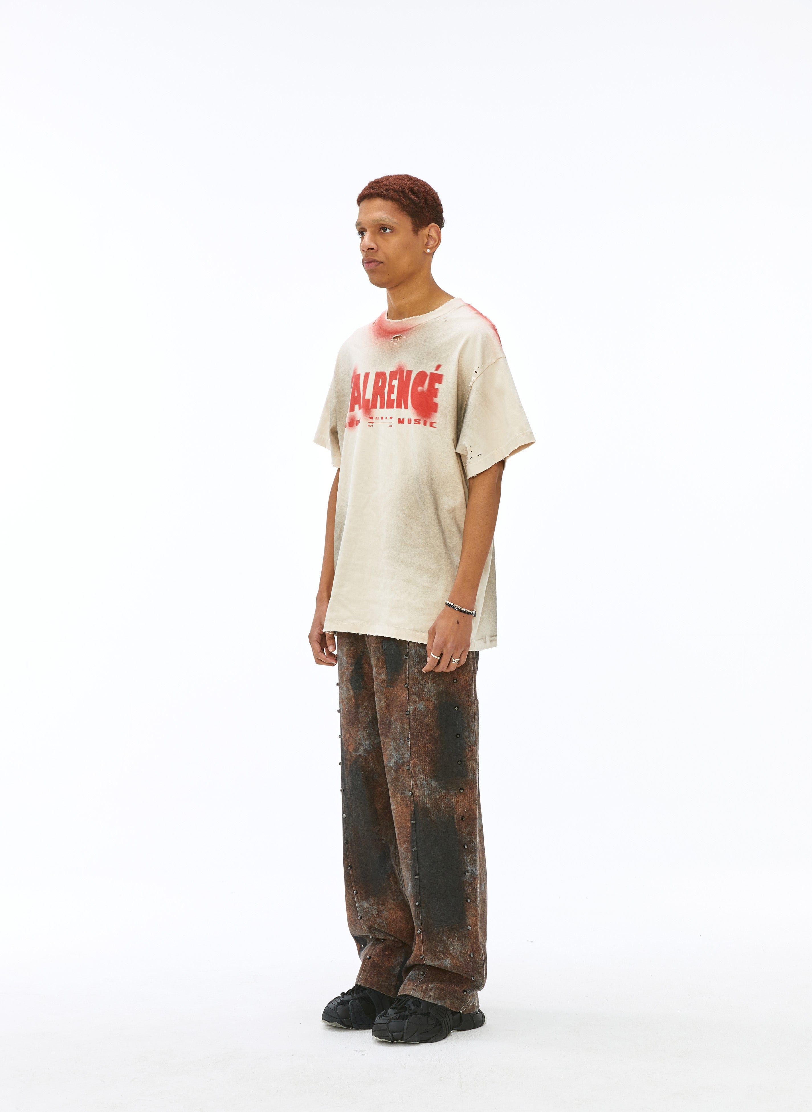 VANN VALRENCE Distressed Washed Spray Faded LOGO T-Shirt