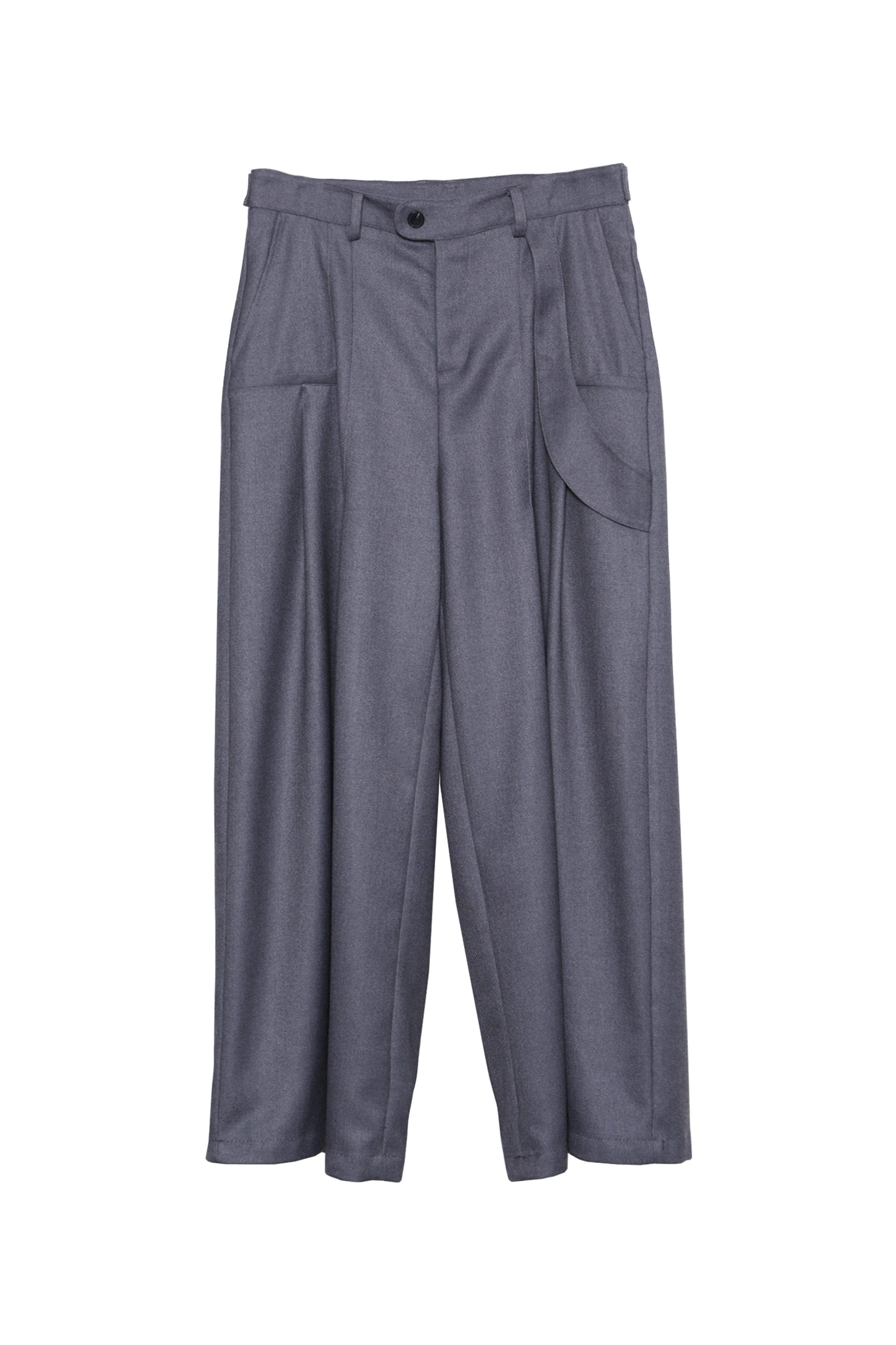 ASSEEN Asymmetrical Tab Pleated Wide-Leg Pants Gray, premium urban and streetwear designers apparel on PROJECTISR.com, ASSEEN