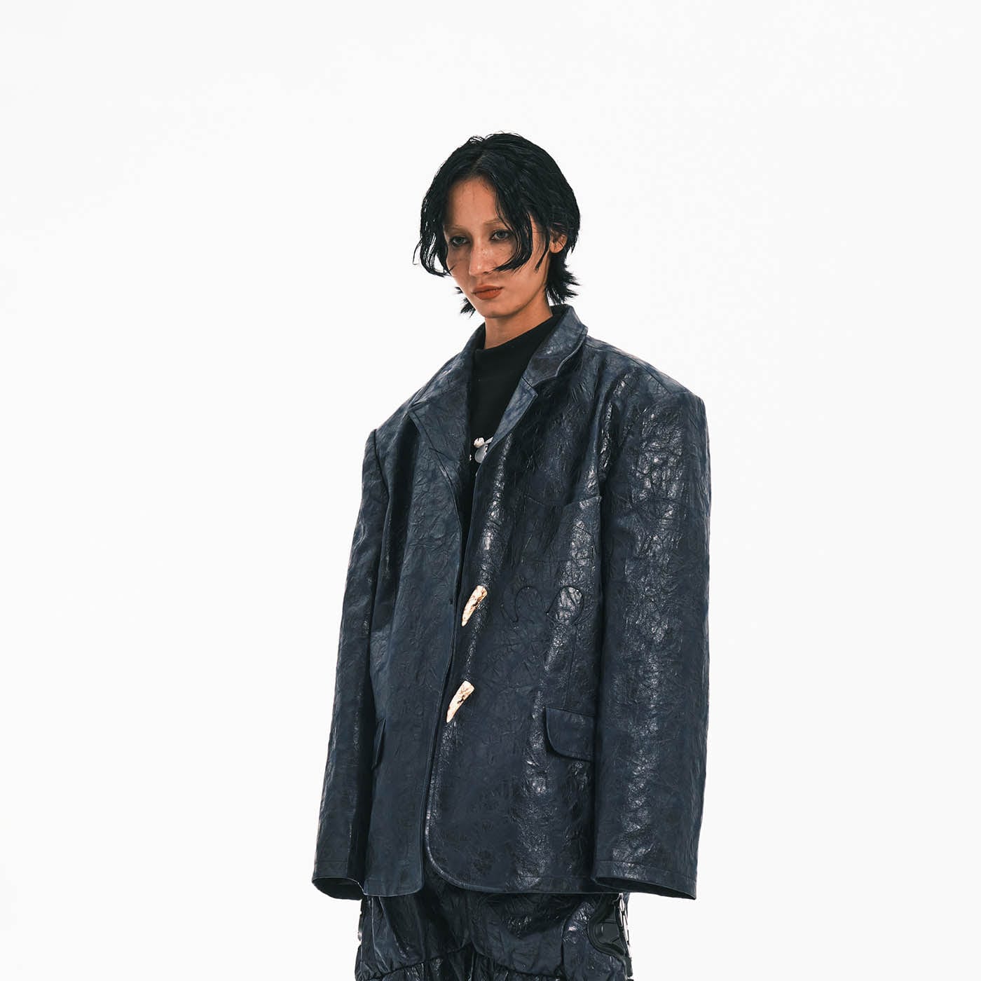 EMBRYO Crinkled Textured Faux Leather Blazer, premium urban and streetwear designers apparel on PROJECTISR.com, EMBRYO