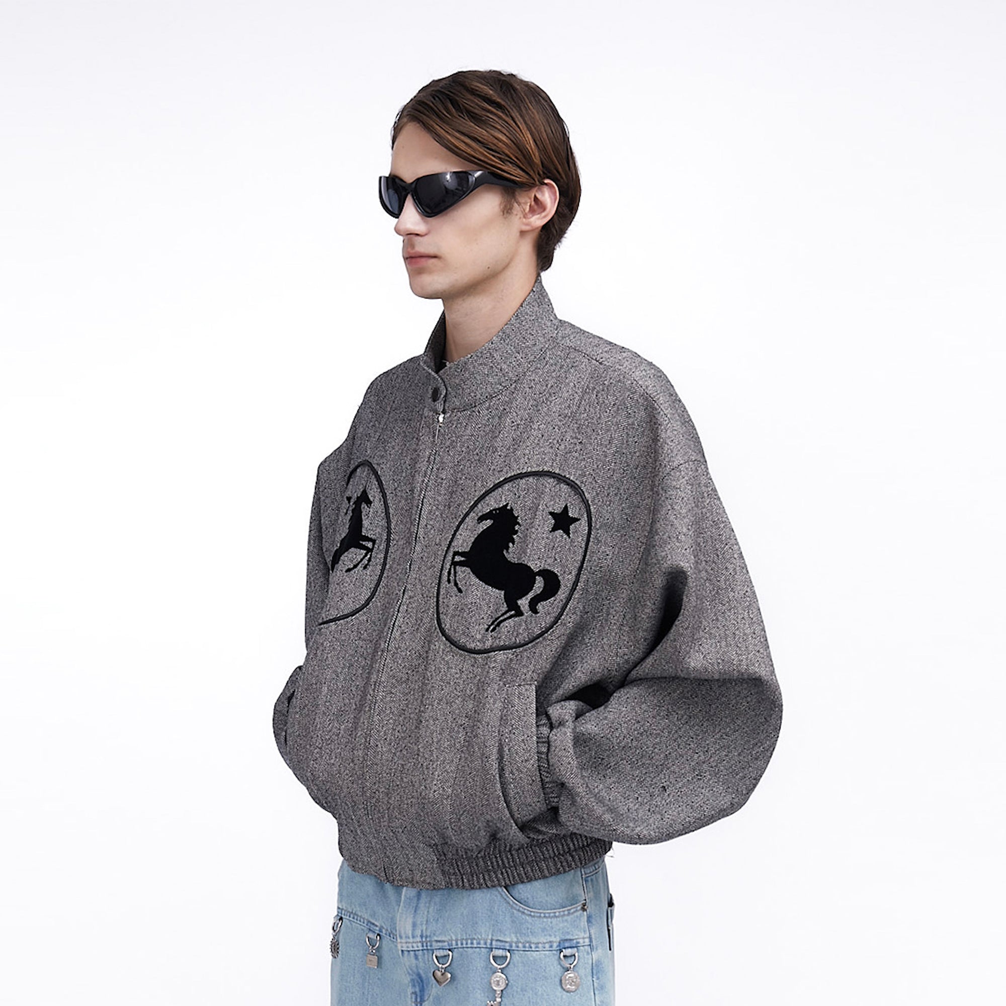 ASSEEN Horse Graphic Herringbone Bomber Jacket