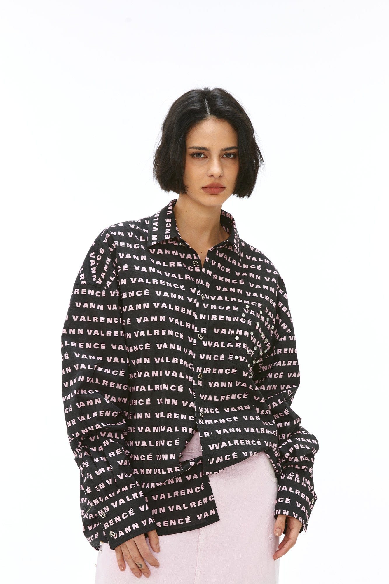 VANN VALRENCE Monogram Crystal-Studded Oversized Shirt, premium urban and streetwear designers apparel on PROJECTISR.com, VANN VALRENCE