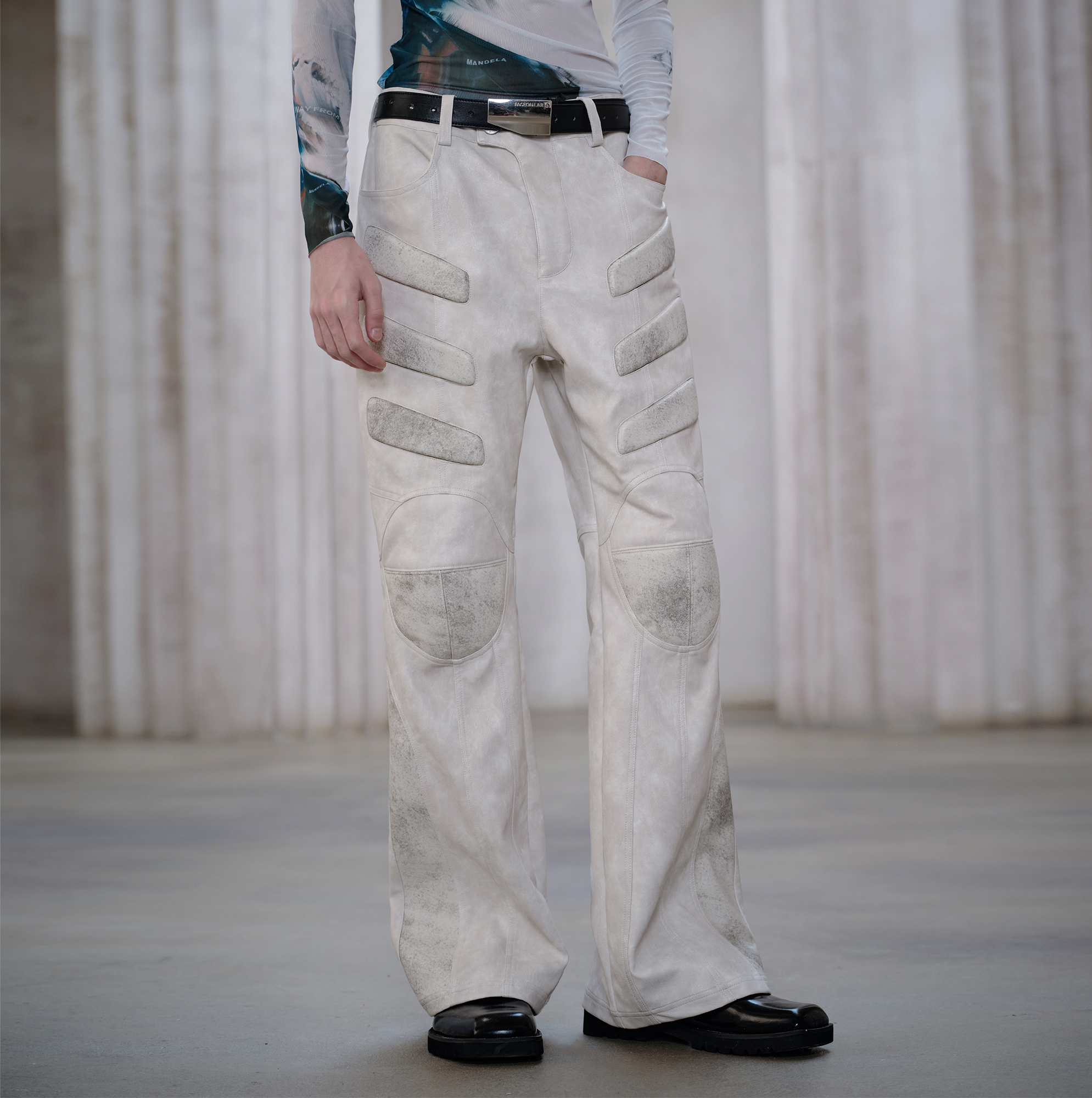 FACEONLAB Panel Armored Faux Leather Biker Pants White