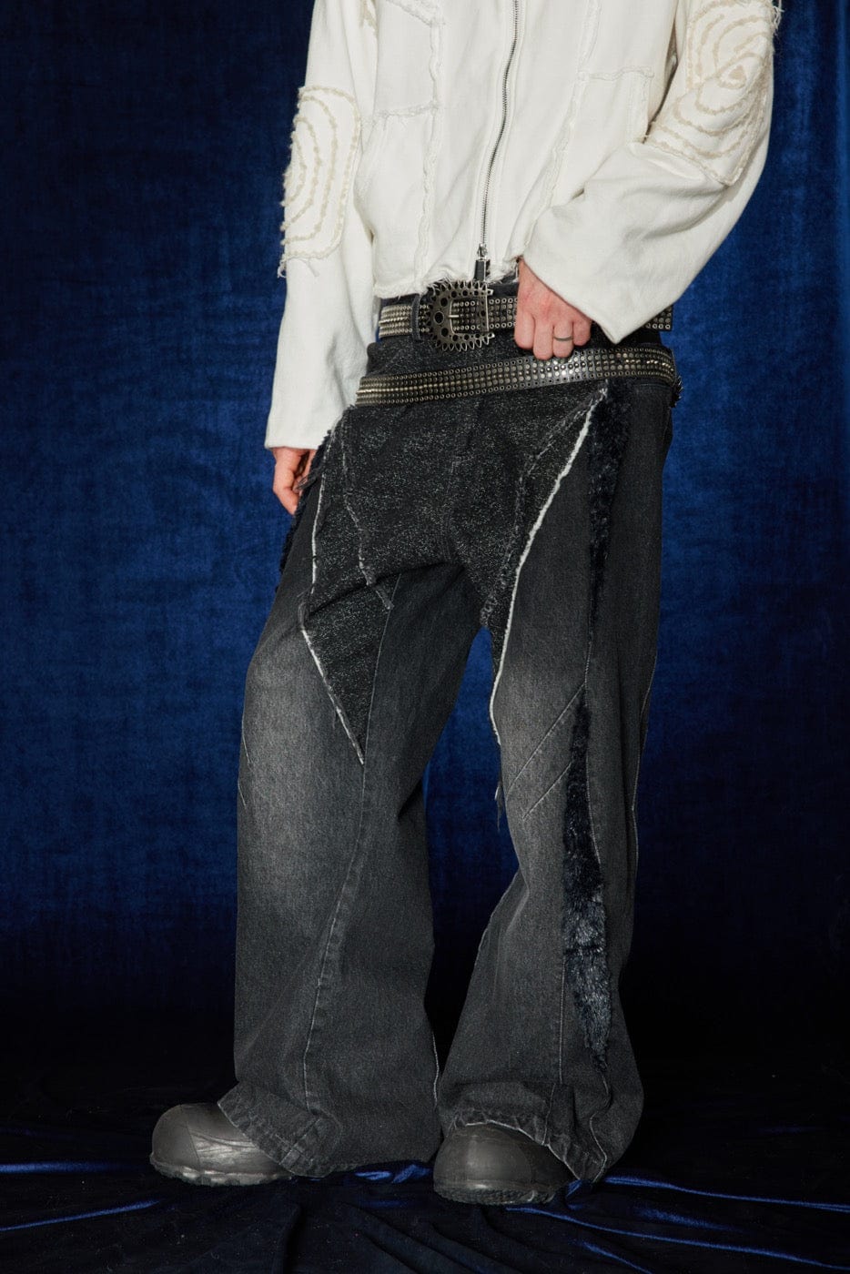 DND4DES Raw-Edge Faux Fur Spliced Jeans, premium urban and streetwear designers apparel on PROJECTISR.com, DND4DES