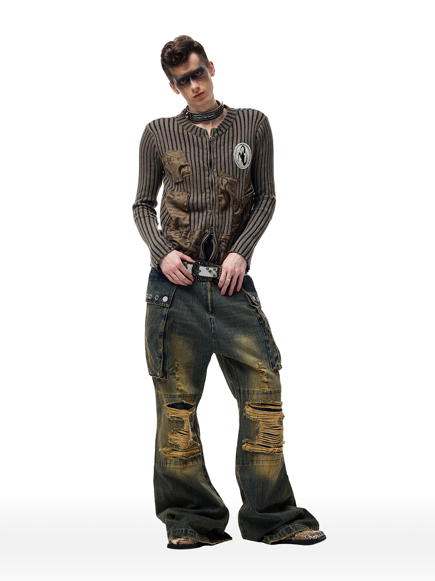 CYCYCY Distressed Big-Pocket Flared Jeans