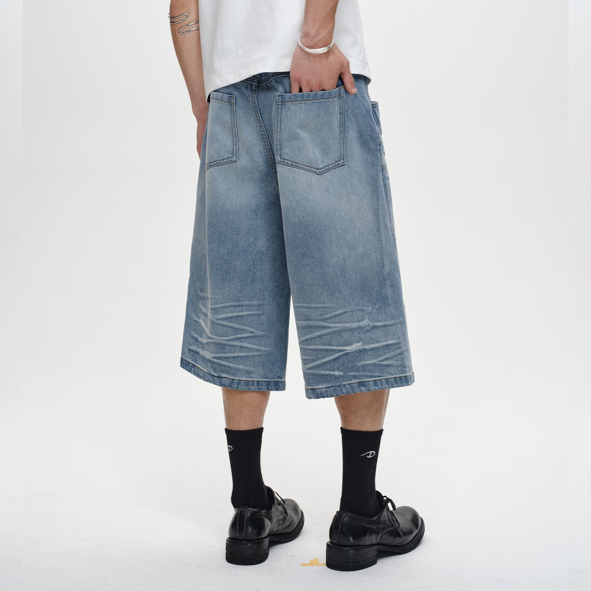 CATSSTAC Whisker-Wash Middle-Spliced Wide-Leg Shorts, premium urban and streetwear designers apparel on PROJECTISR.com, CATSSTAC