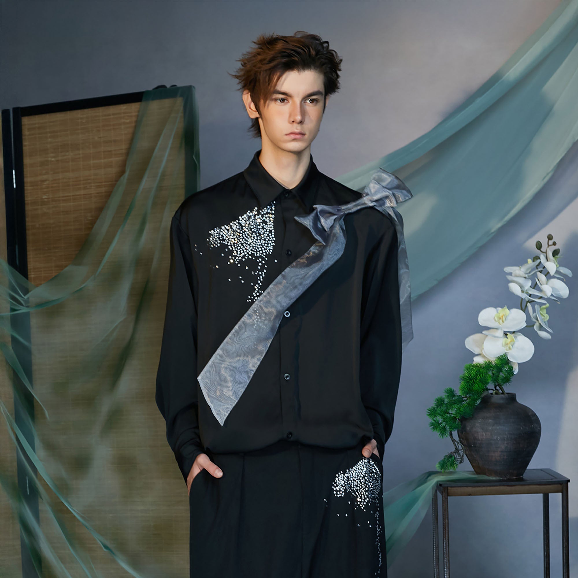 JIECHI Organza-Bow & Diamond Shirt, premium urban and streetwear designers apparel on PROJECTISR.com, JIECHI