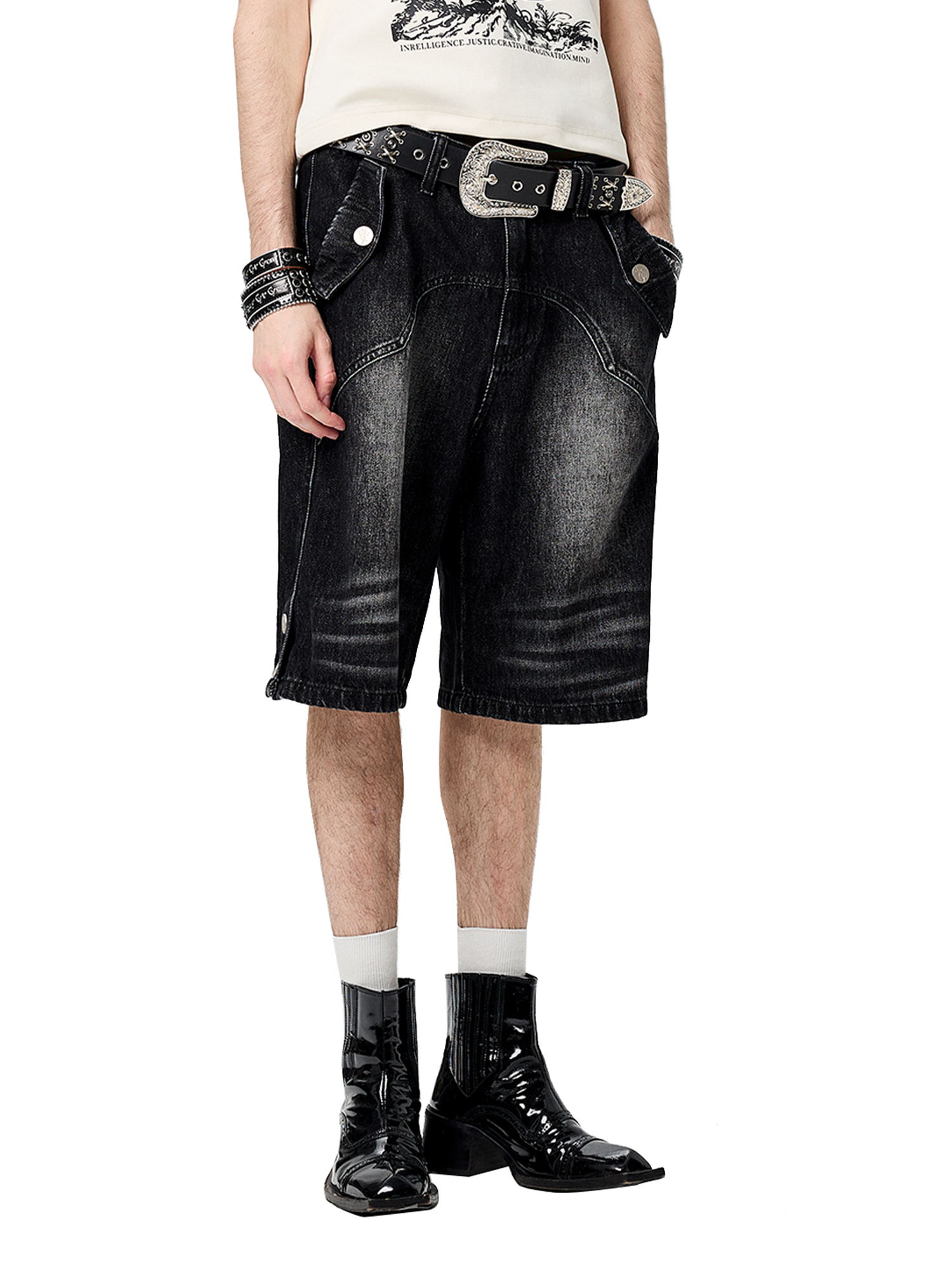 CYCYCY Retro Washed Paneled Denim Shorts