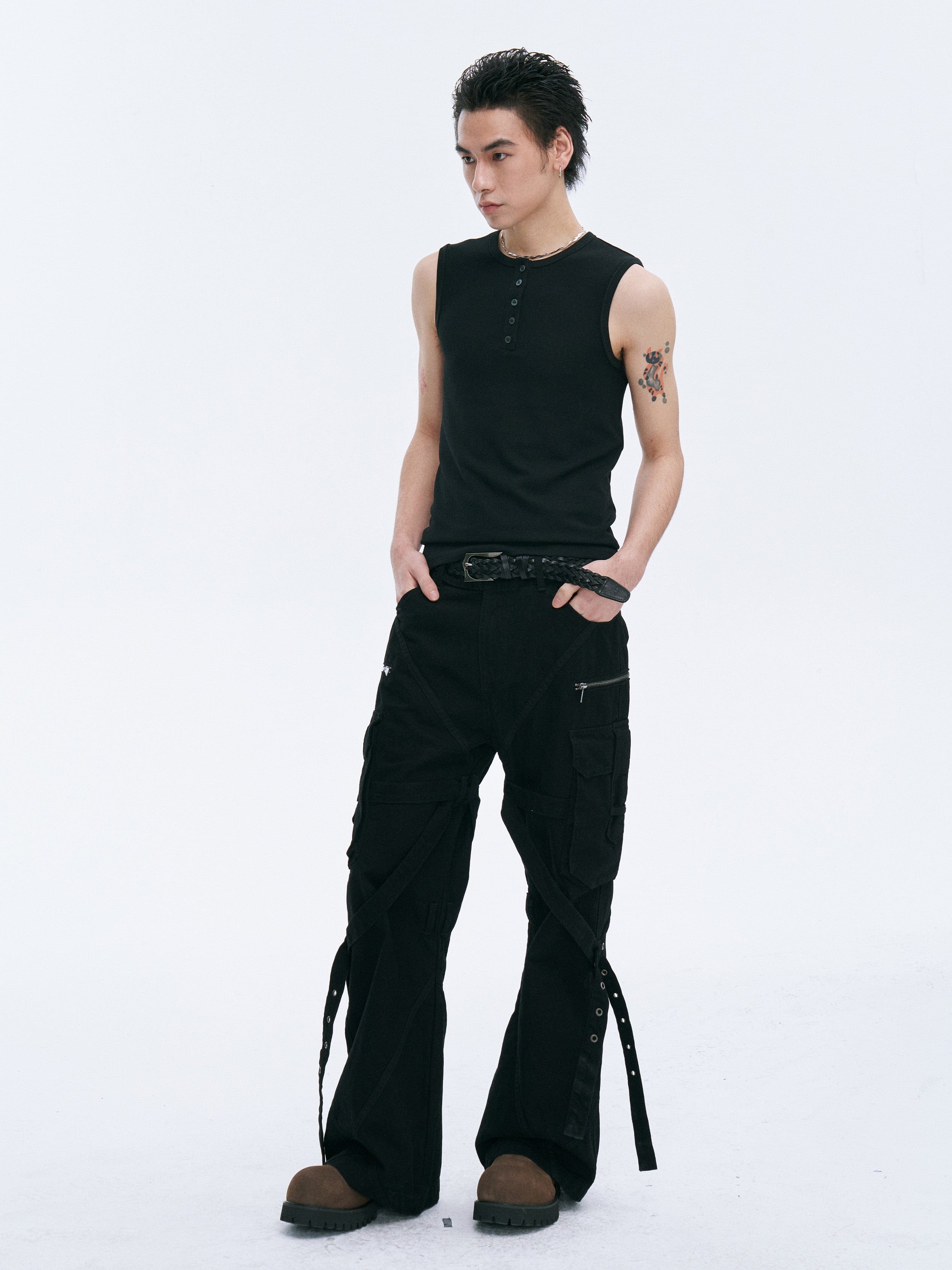 CATSSTAC Strap-Wrapped Spliced Cargo Pants, premium urban and streetwear designers apparel on PROJECTISR.com, CATSSTAC