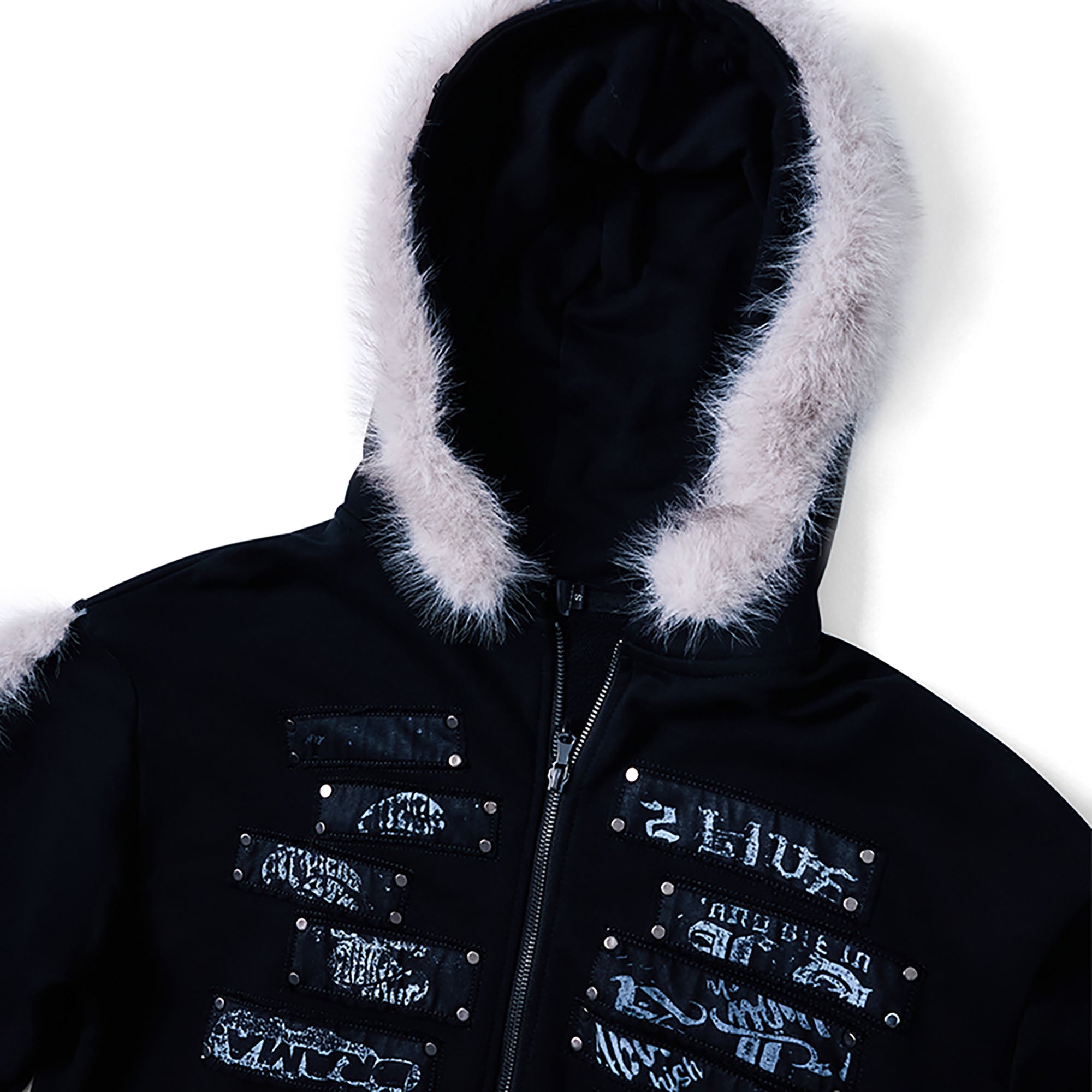 RECOVER ZONE Faux Fur Trim Graphic Zip-Up Hoodie