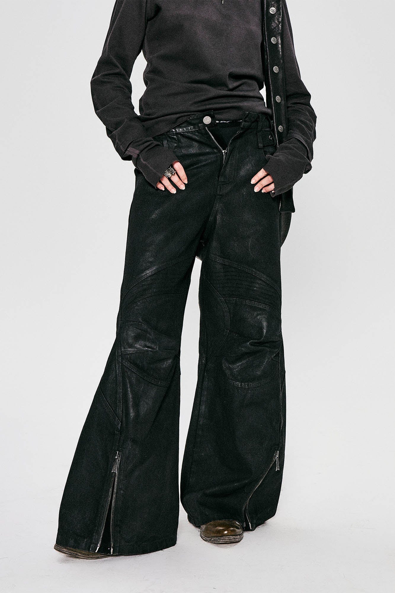 FLYERRER Waxed Deconstructed-Knee Zip-Hem Flared Pants, premium urban and streetwear designers apparel on PROJECTISR.com, FLYERRER