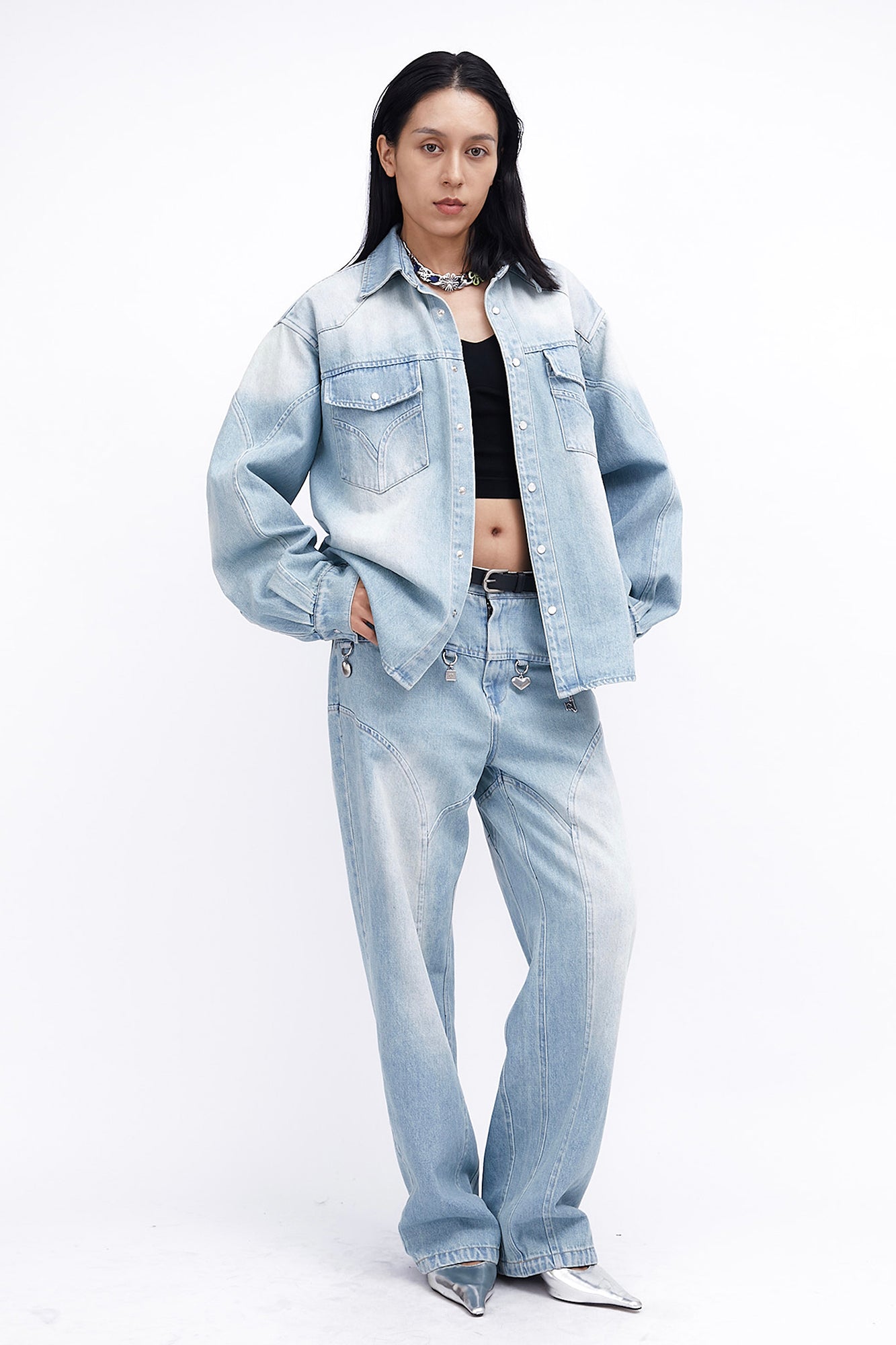 ASSEEN Paneled Washed Western Denim Shirt