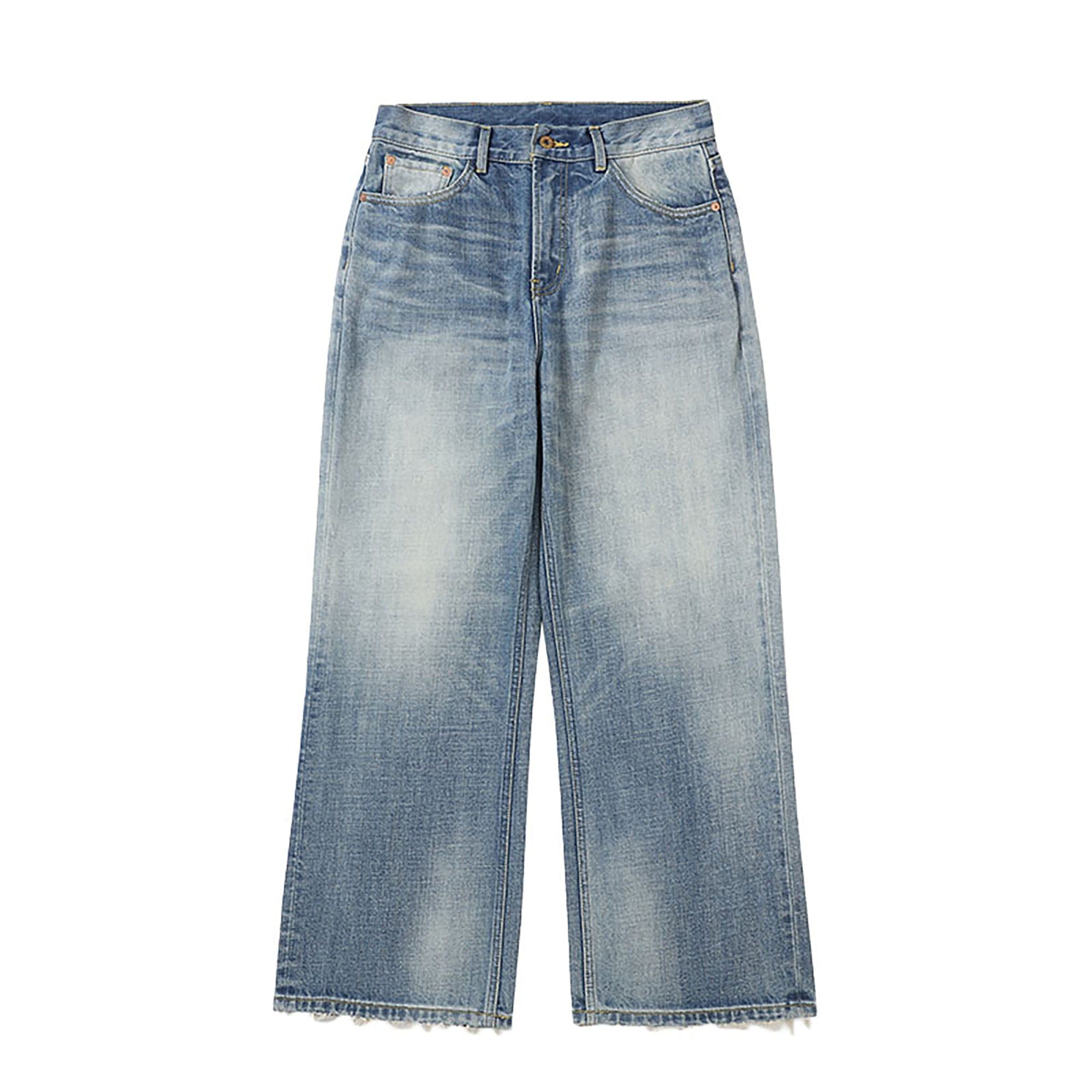 MAKEMORE Distress Faded Raw Hem Jeans, premium urban and streetwear designers apparel on PROJECTISR.com, MAKEMORE