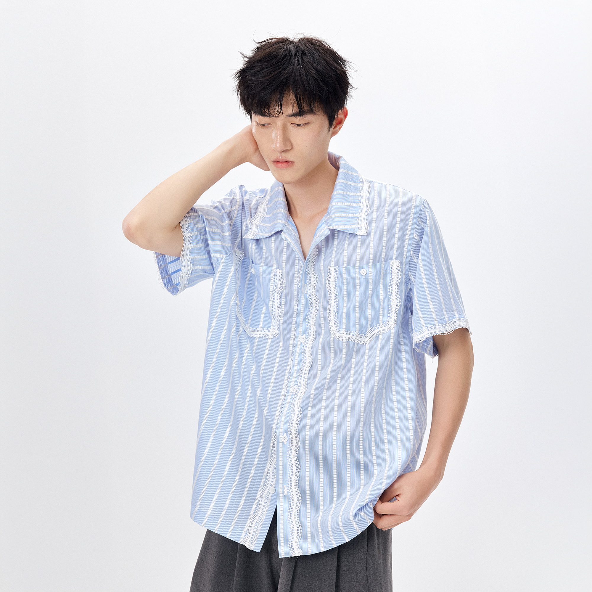 TUIMU Lace-Trim Striped Shirt