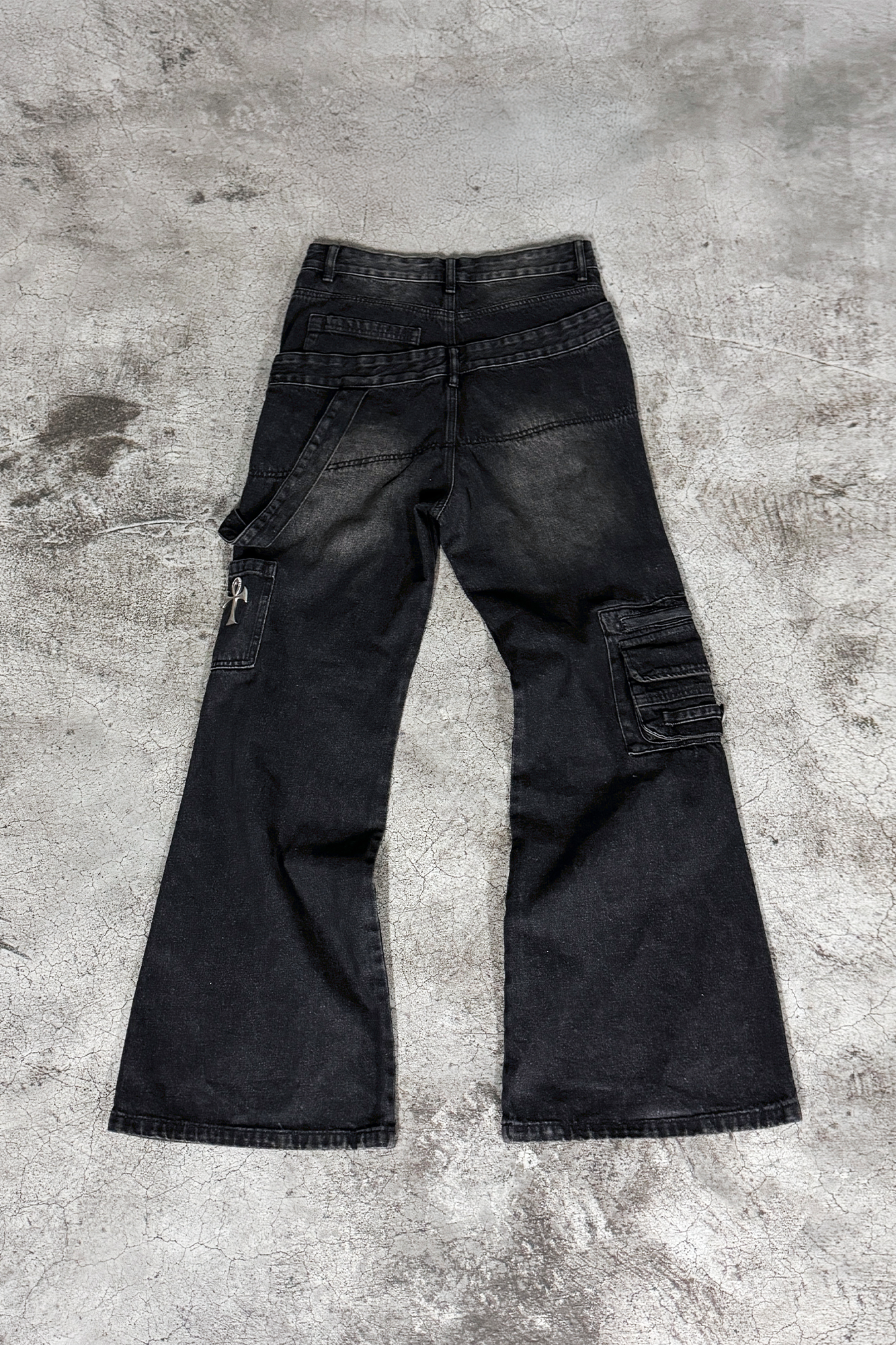 ANTI WAR REVIVAL Double Waistband Distressed Washed Flared Jeans