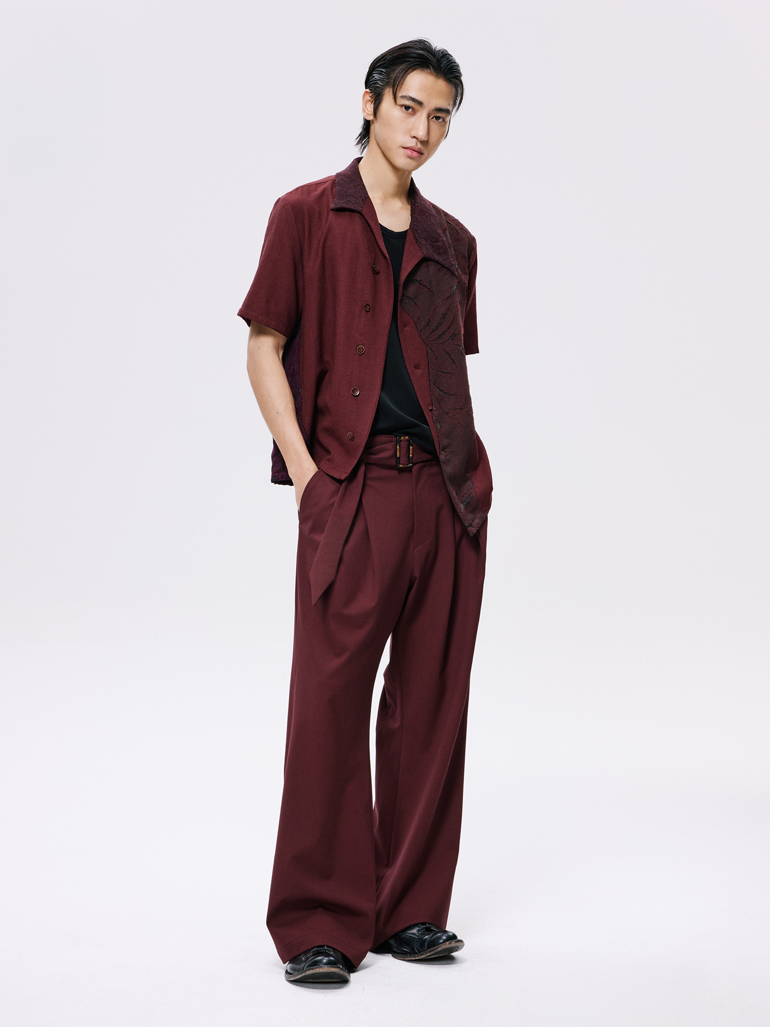 ALVNG AR ANTS Burnout Linen-Blend Asymmetrical Spliced Half Shirt