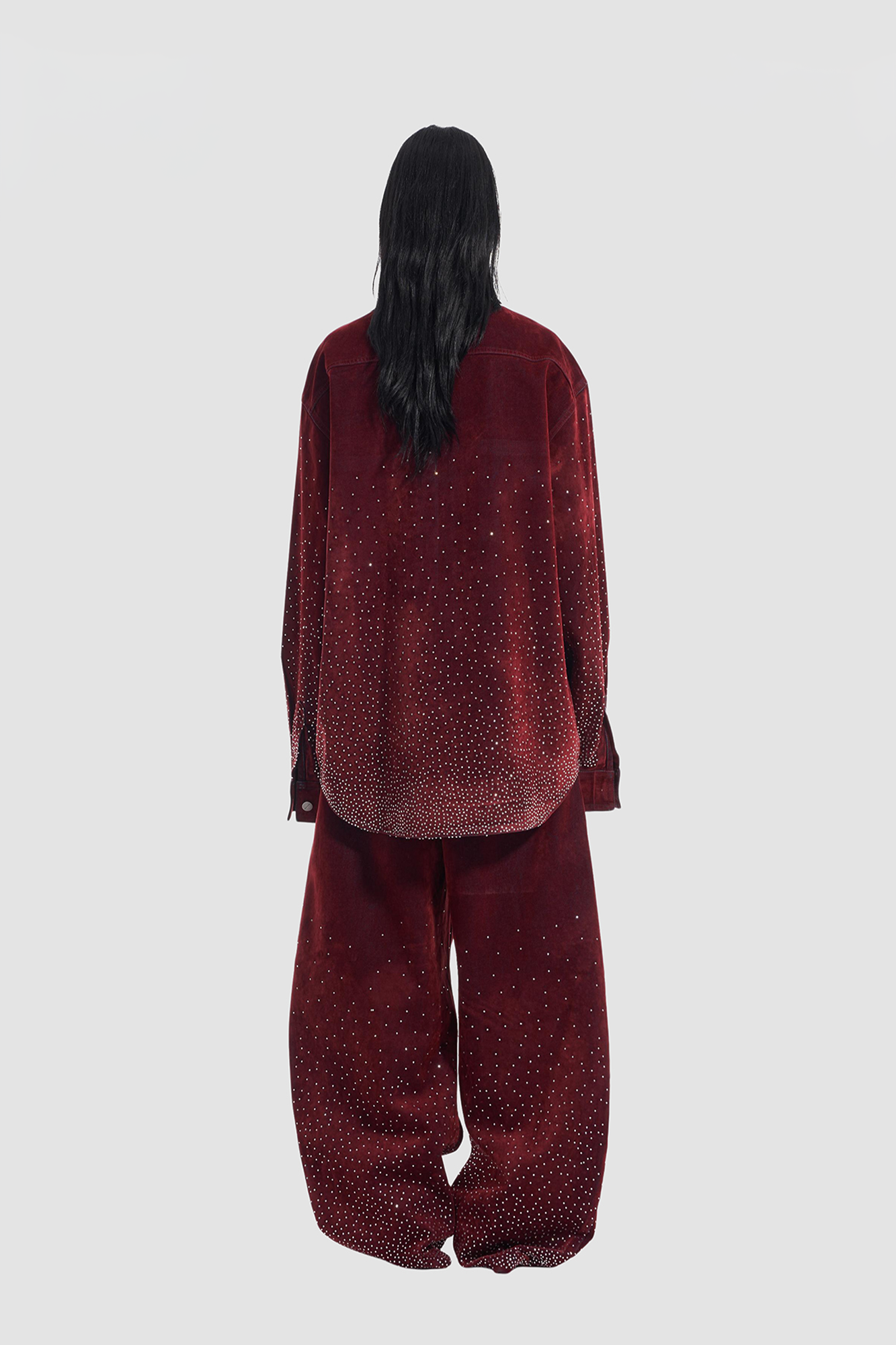 VANN VALRENCE Diamond-Studded Velvet Barrel Leg Trousers