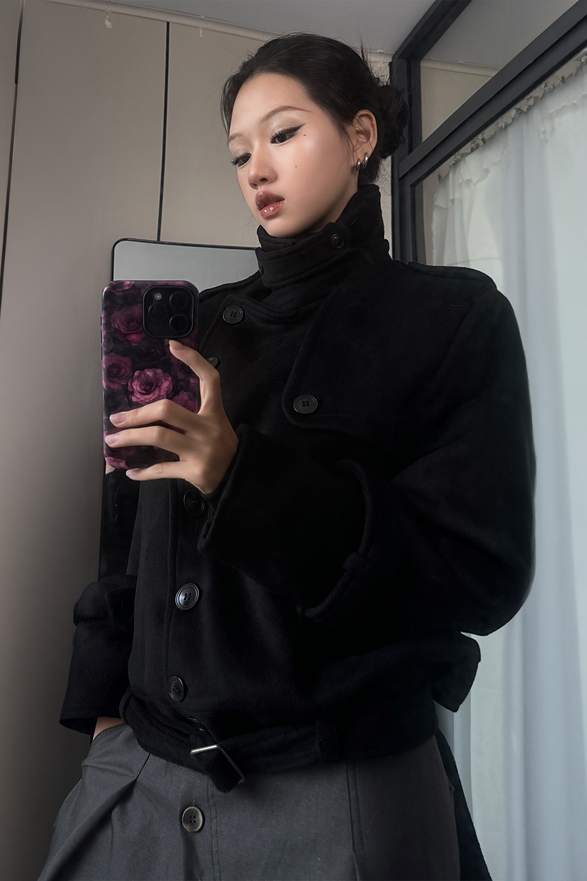 REMODUTION Wool-Blend Asymmetric Lapel Tie-Detail Coat