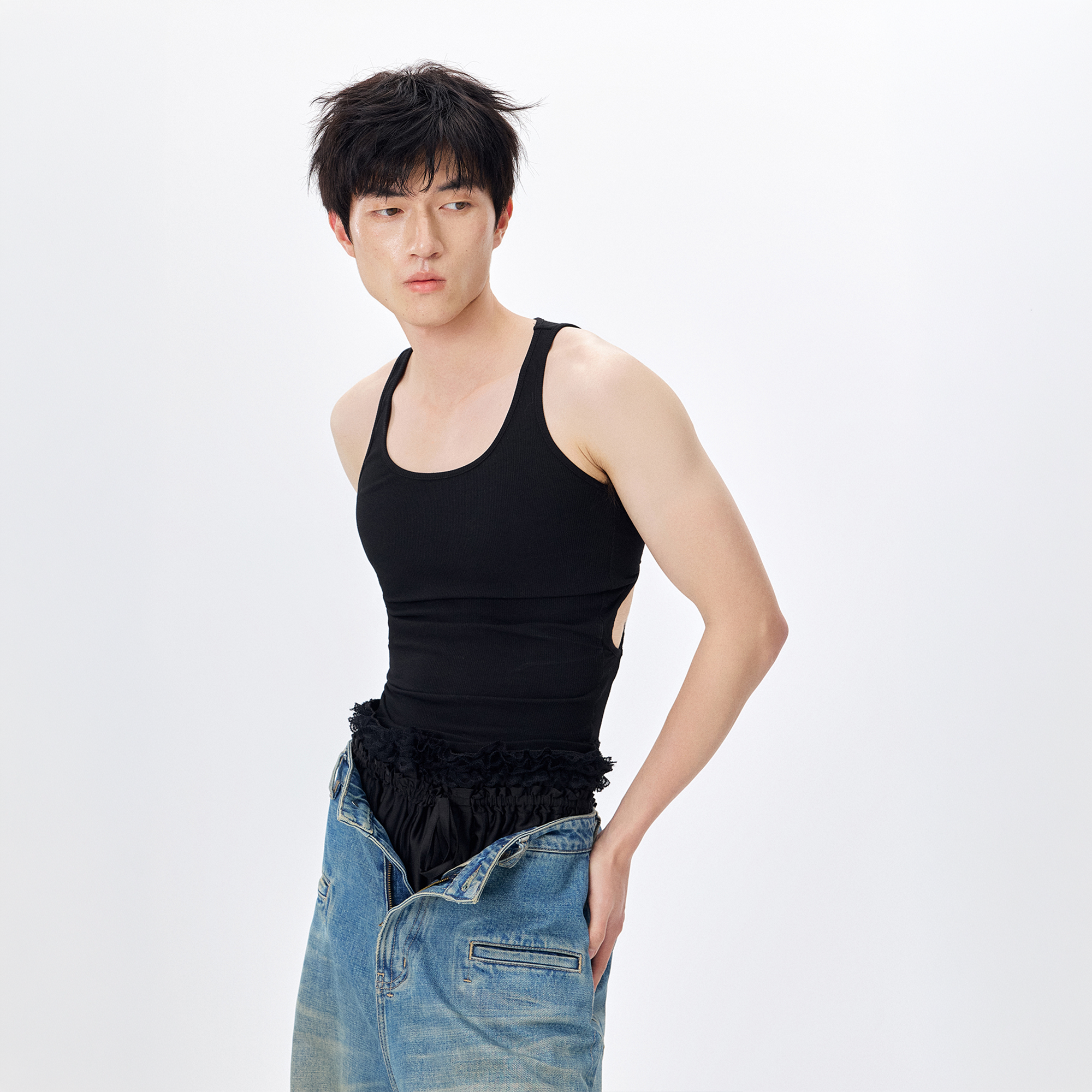 TUIMU Back Cut-Out Ribbed Tank Top Black