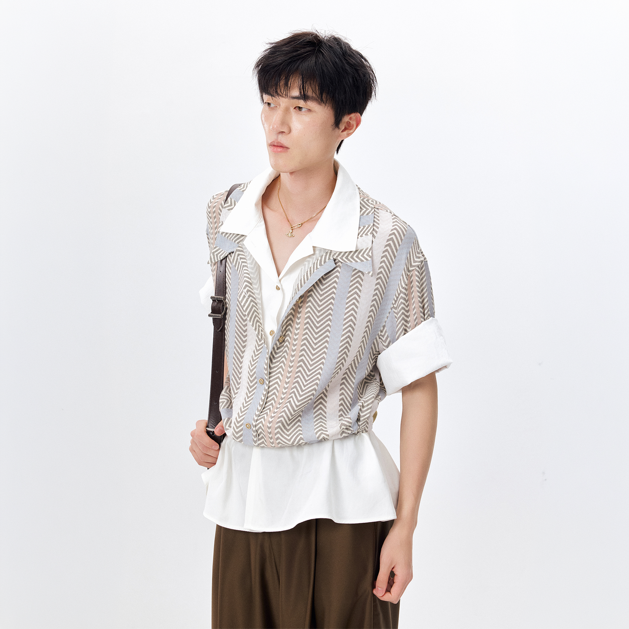 TUIMU Layered Camp Collar Striped Shirt