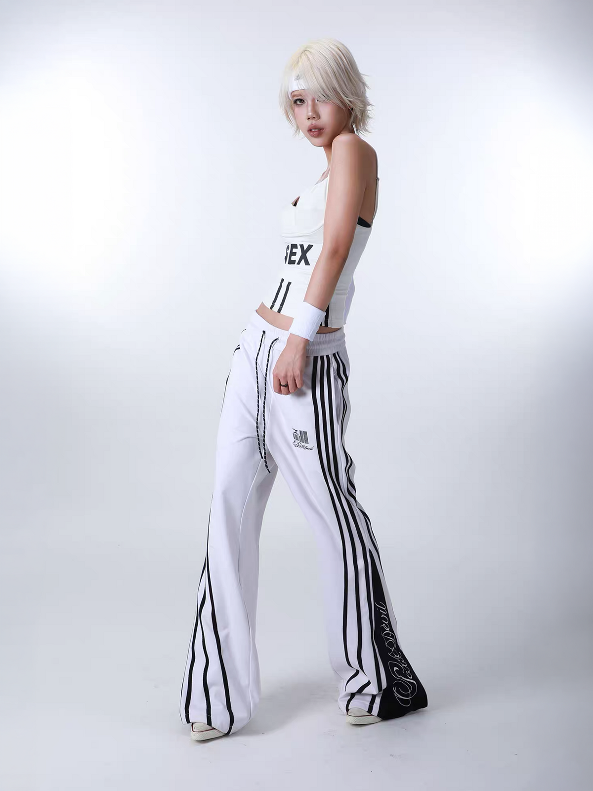 SEXXDEVIL Striped Deconstructed Zippered Embroidered Sweatpants