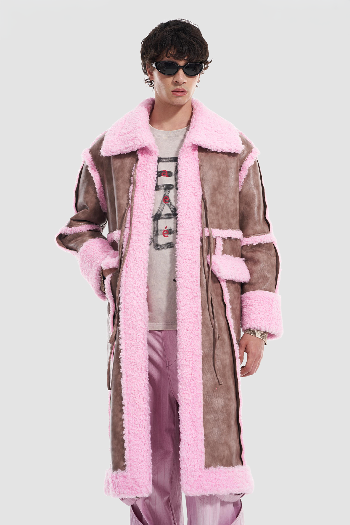 VANN VALRENCE Shearling-Trim Panel PU Long Coat