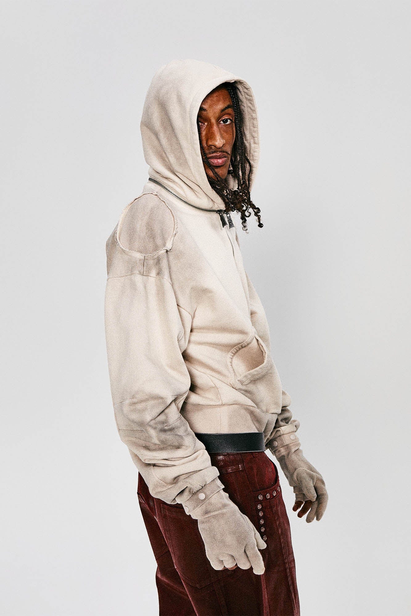 FLYERRER Distressed Detachable-Hood Glove-Sleeve Hoodie, premium urban and streetwear designers apparel on PROJECTISR.com, FLYERRER