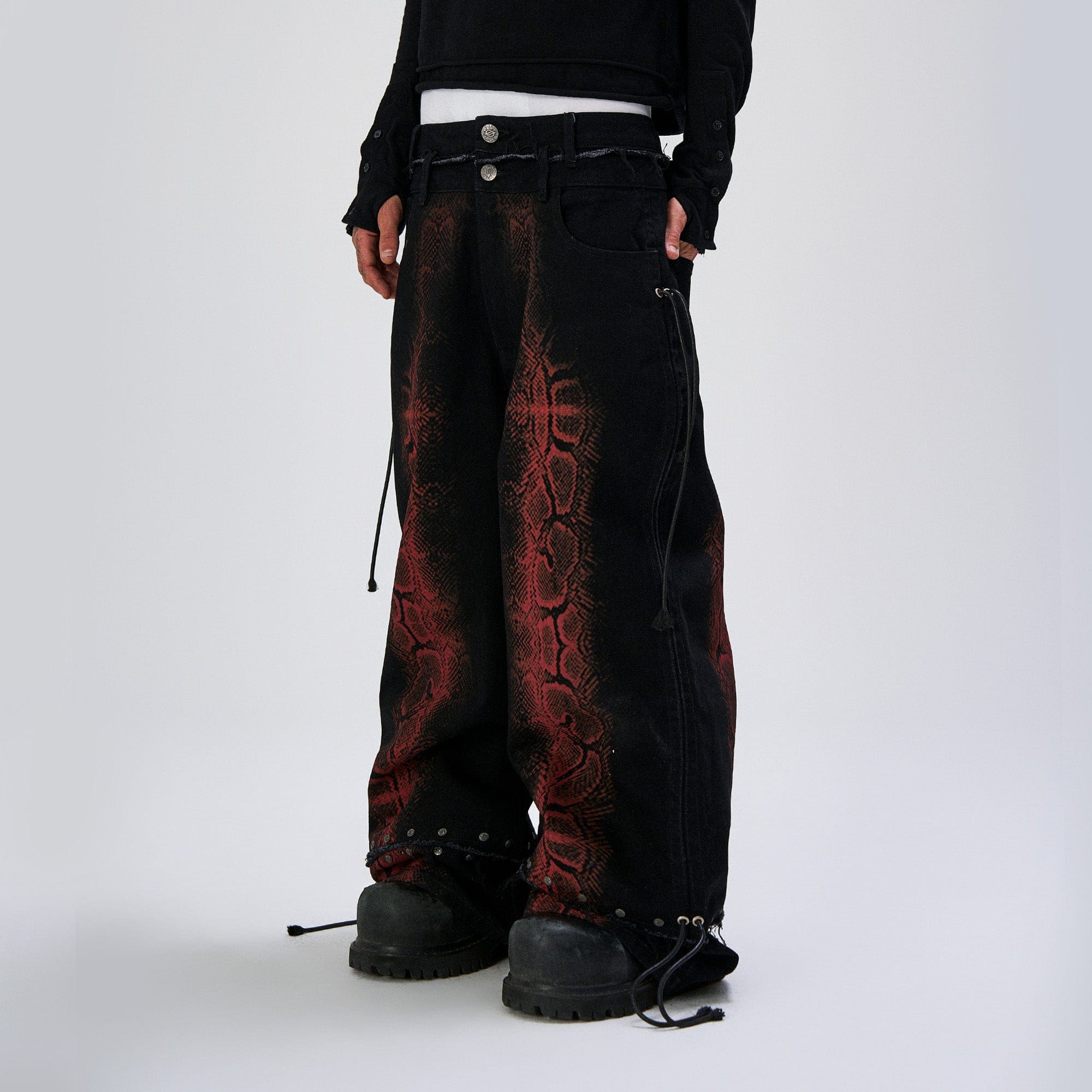 FLYERRER Washed Contrast Snakeskin Drawcord Wide-Leg Jeans, premium urban and streetwear designers apparel on PROJECTISR.com, FLYERRER